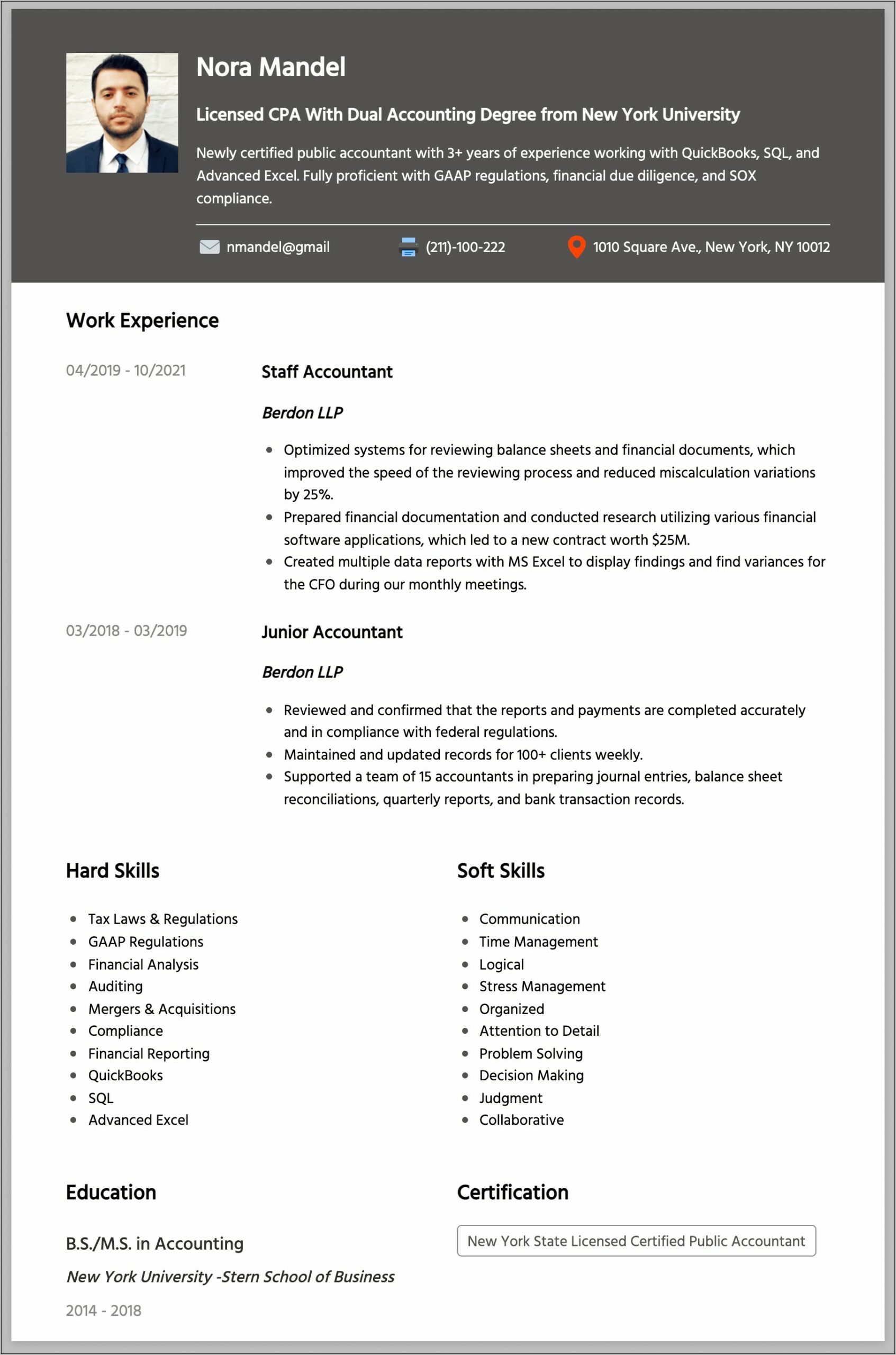 Certified Management Accountant Resume Examples