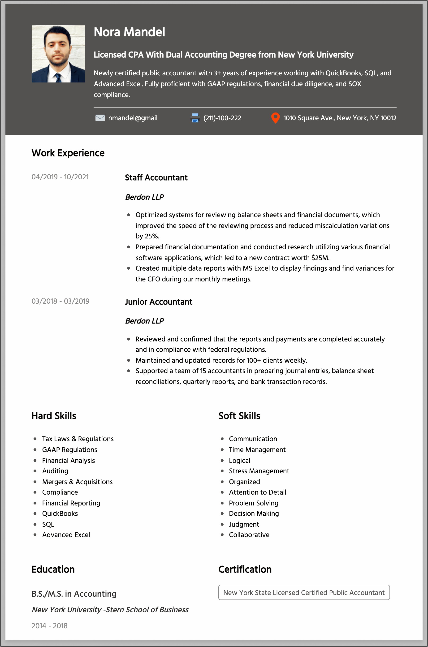 Certified Management Accountant Resume Examples