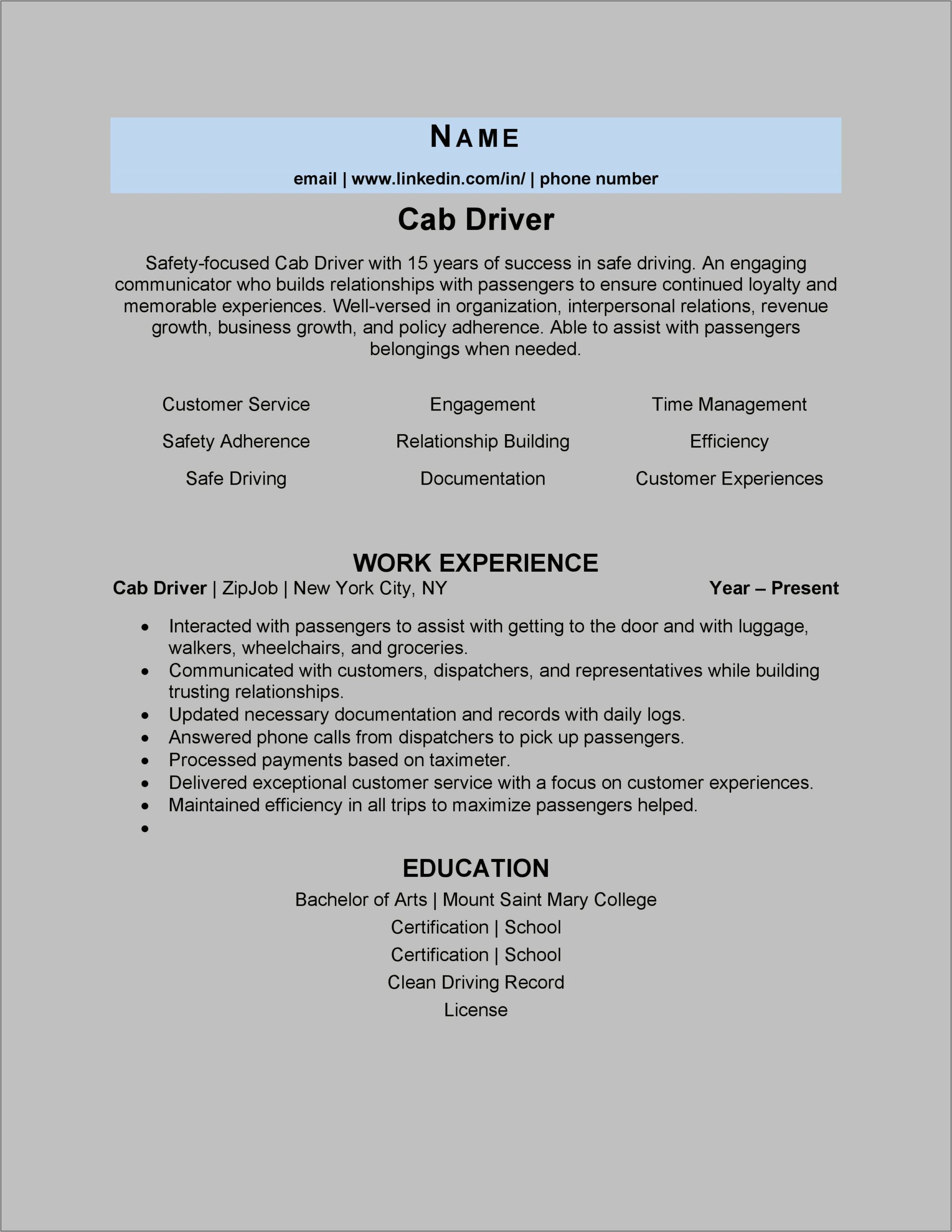 Chauffeur Job Description For Resume