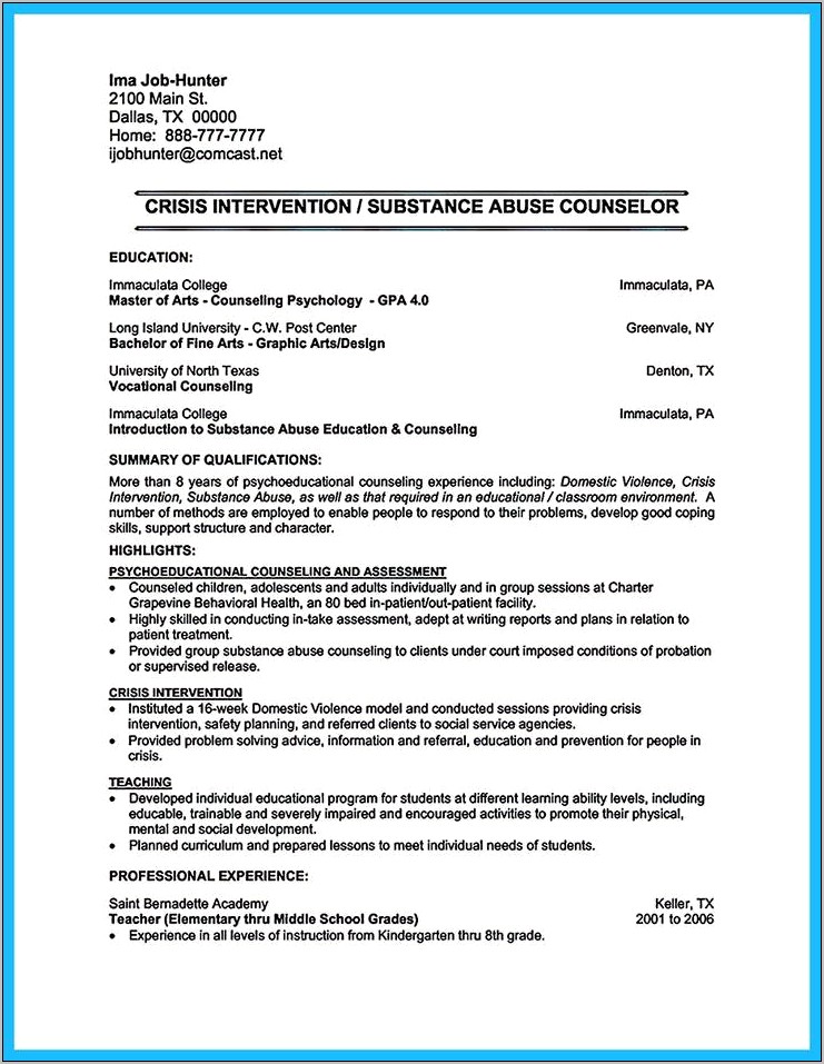 Chemical Dependency Counselor Resume Example