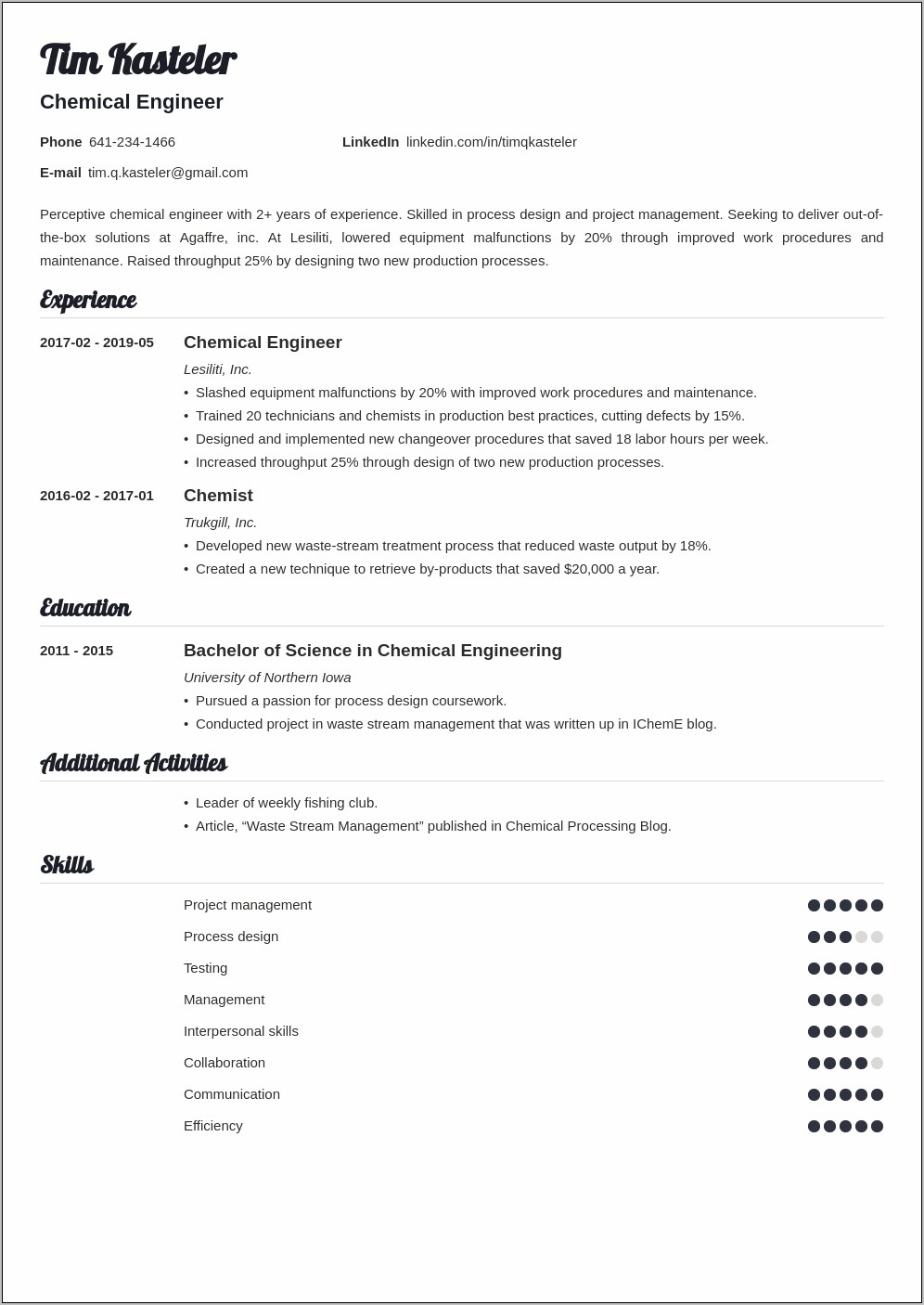 Chemical Engineer Fresher Resume Sample