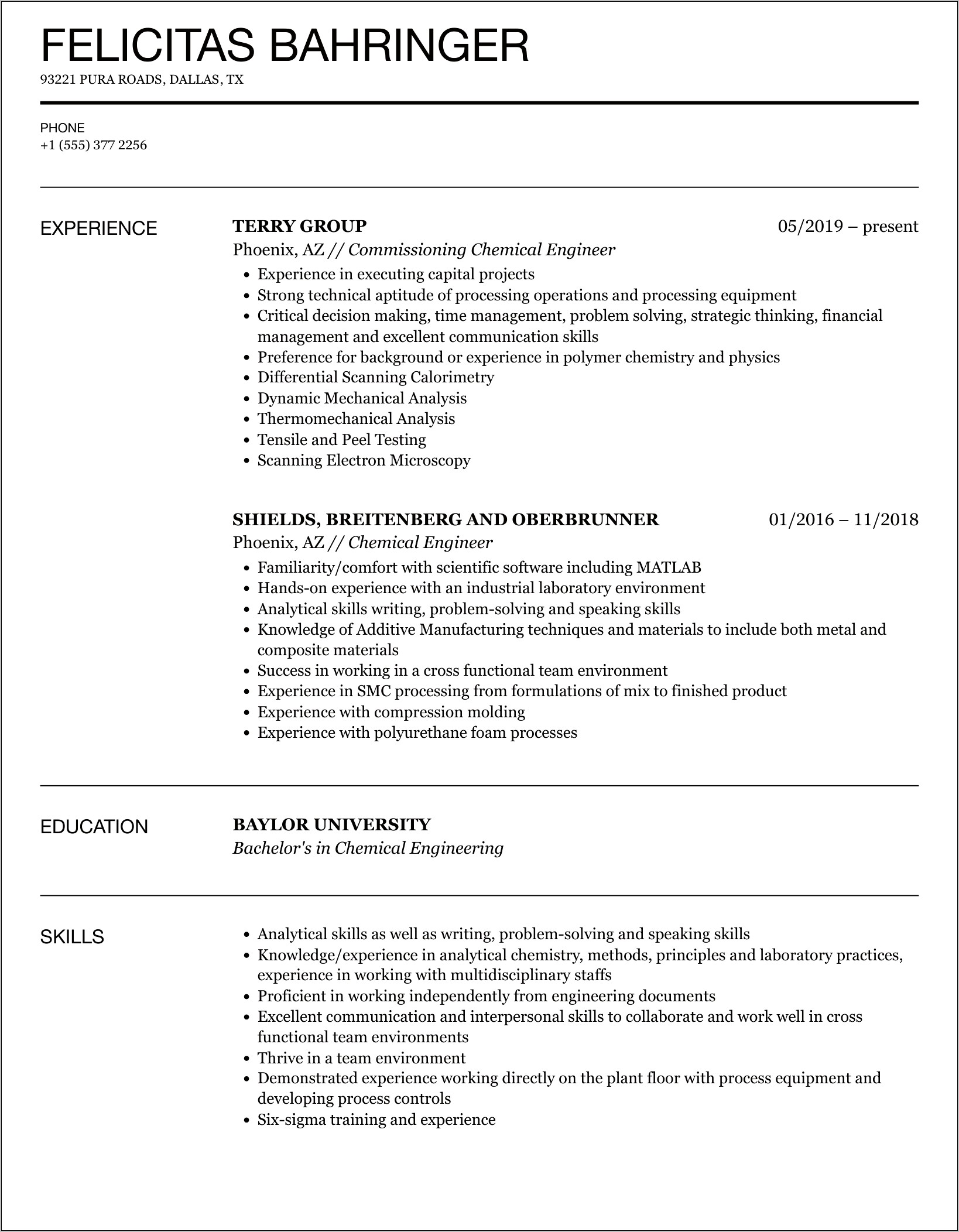 Chemical Engineering Skills Resume Sample