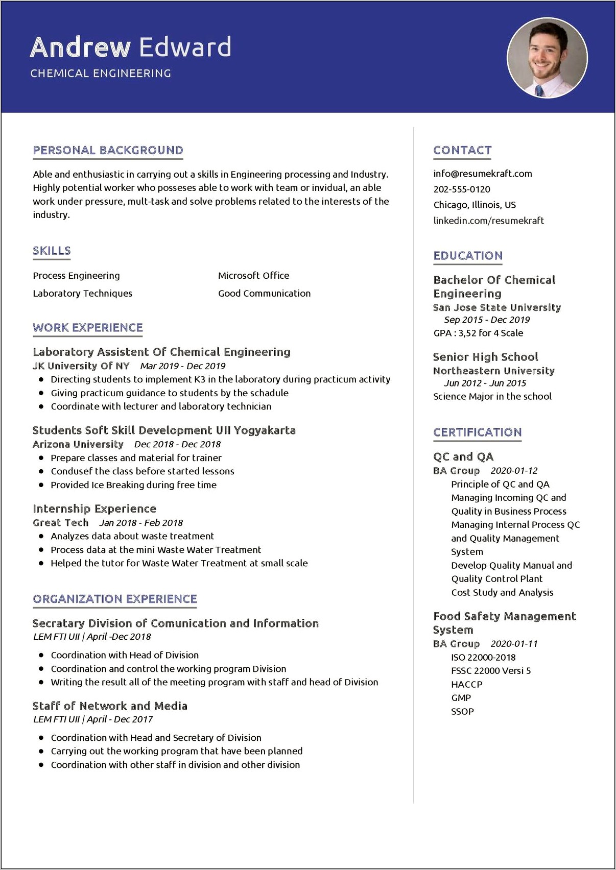 Chemical Engineering Student Resume Examples