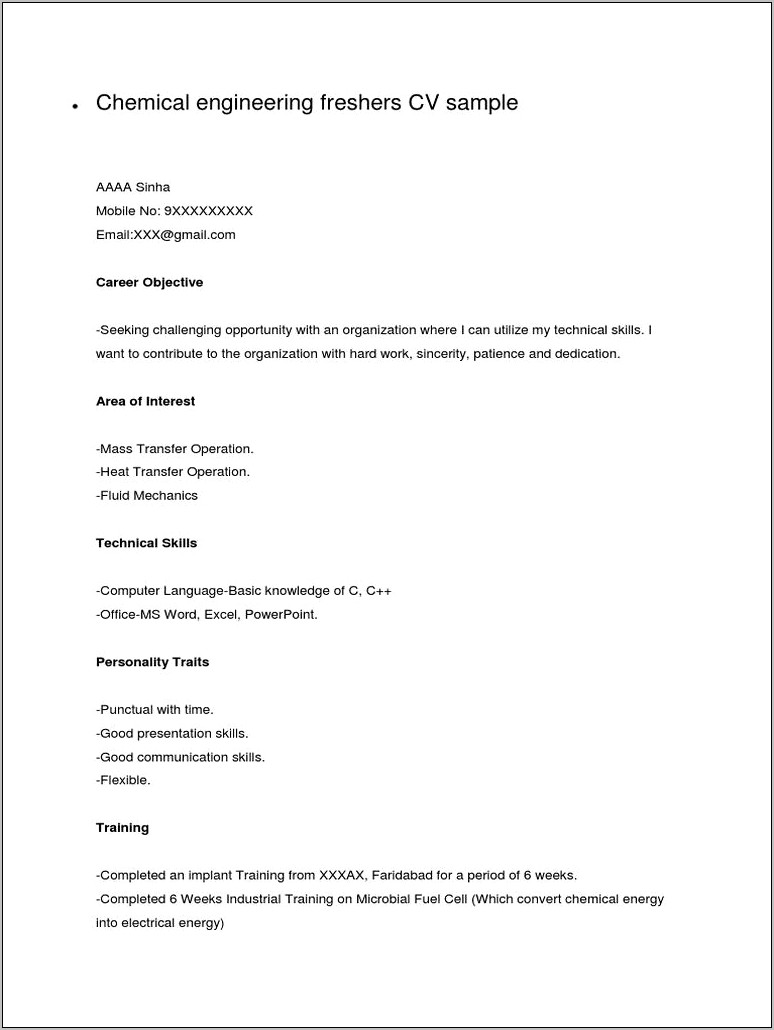 Chemical Engineering Technical Skills Resume