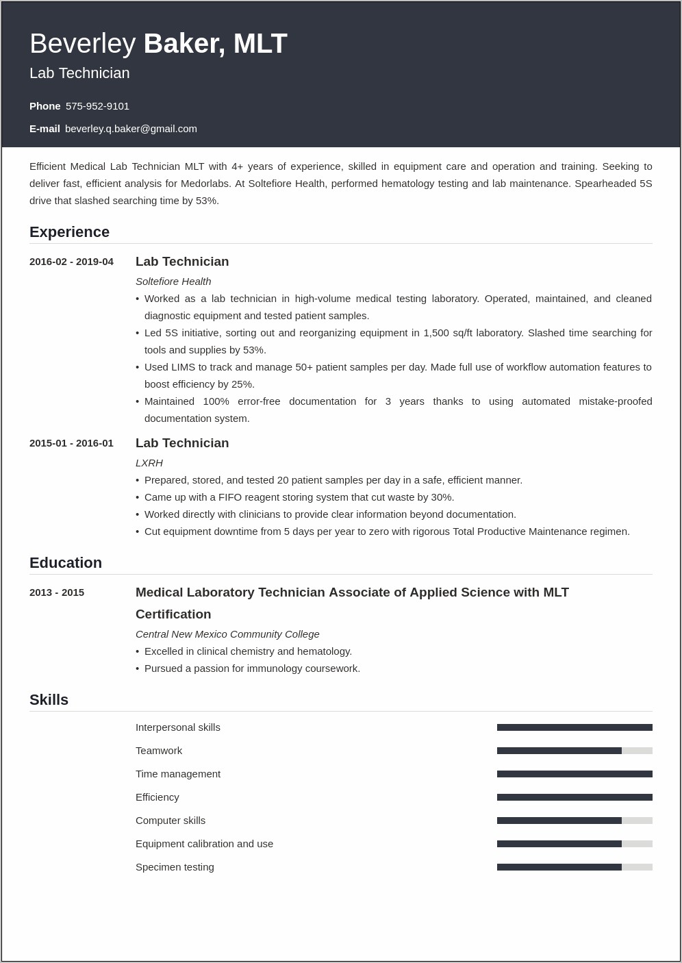 Chemical Lab Technician Resume Samples