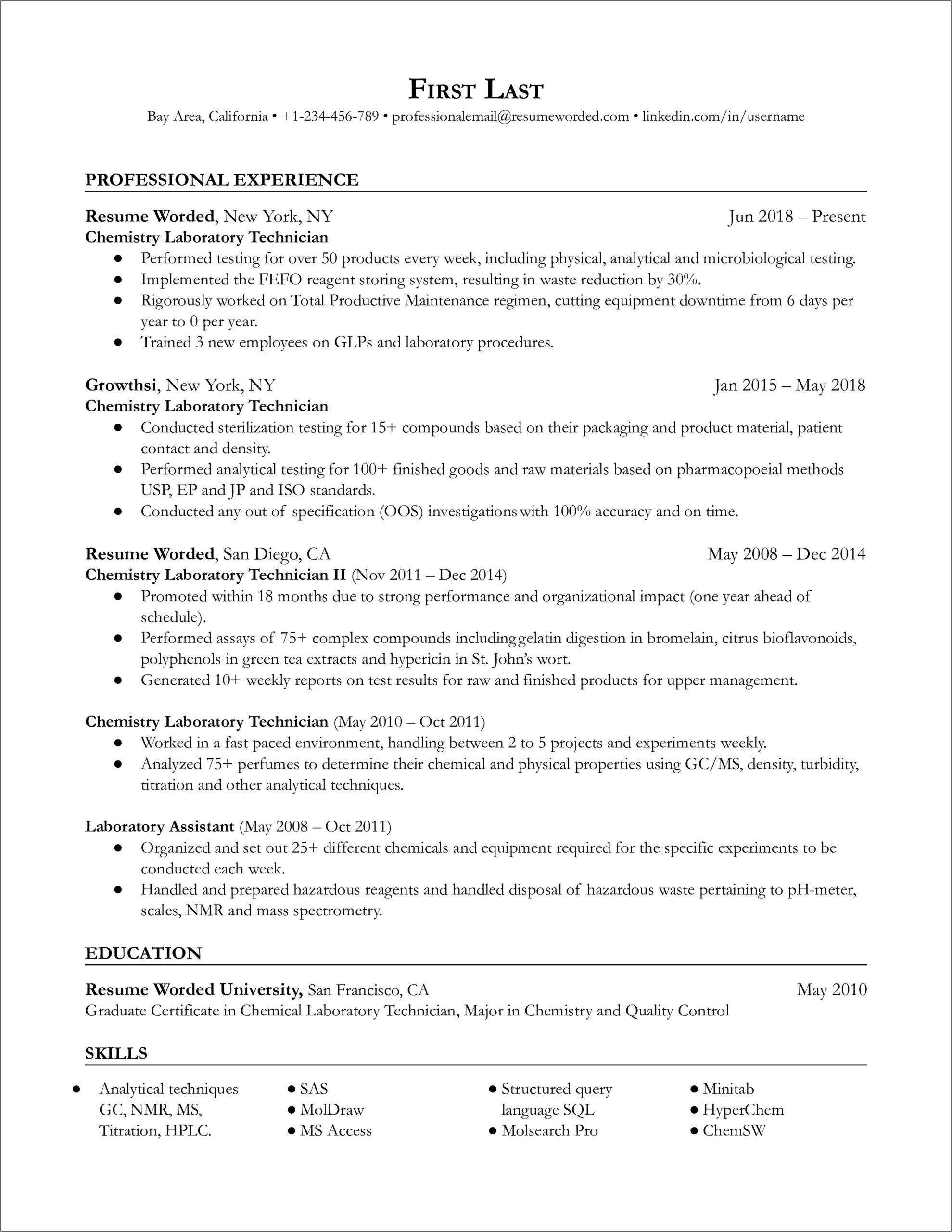 Chemist 2 Job Resume Examples