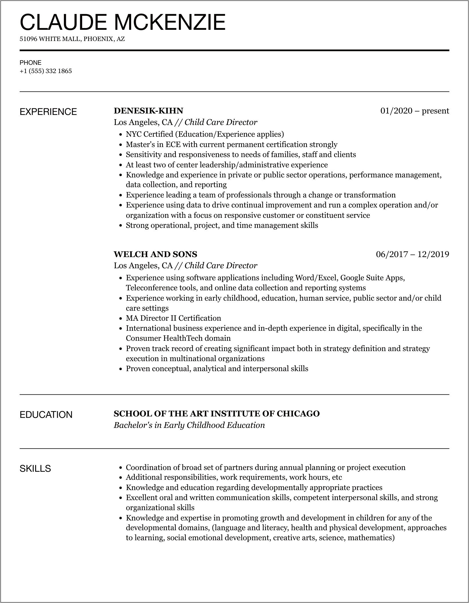 Chilcare Related Skills For Resume