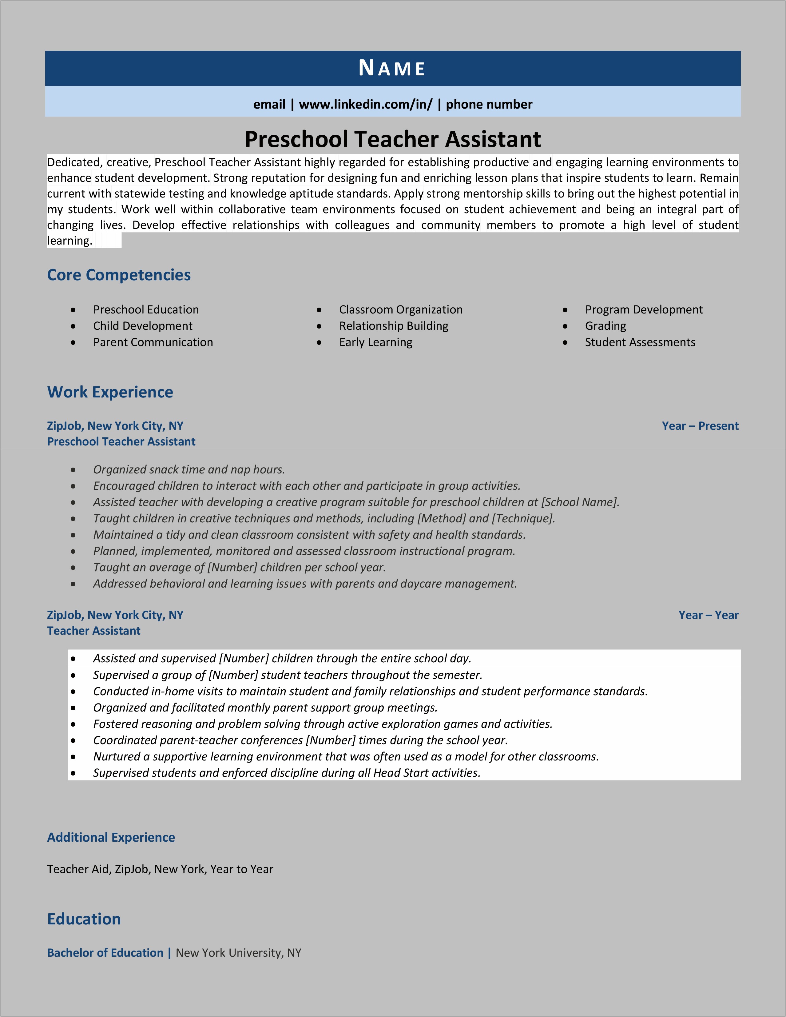 Child Care Assistant Job Resume