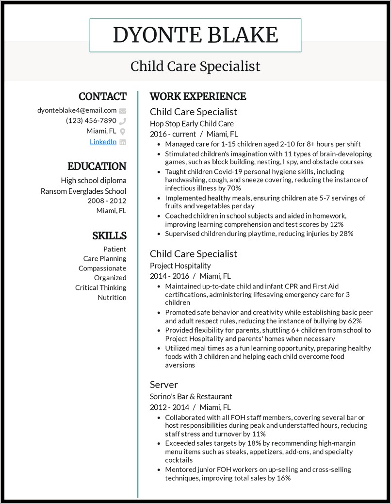 Child Care Assistant Skills Resume