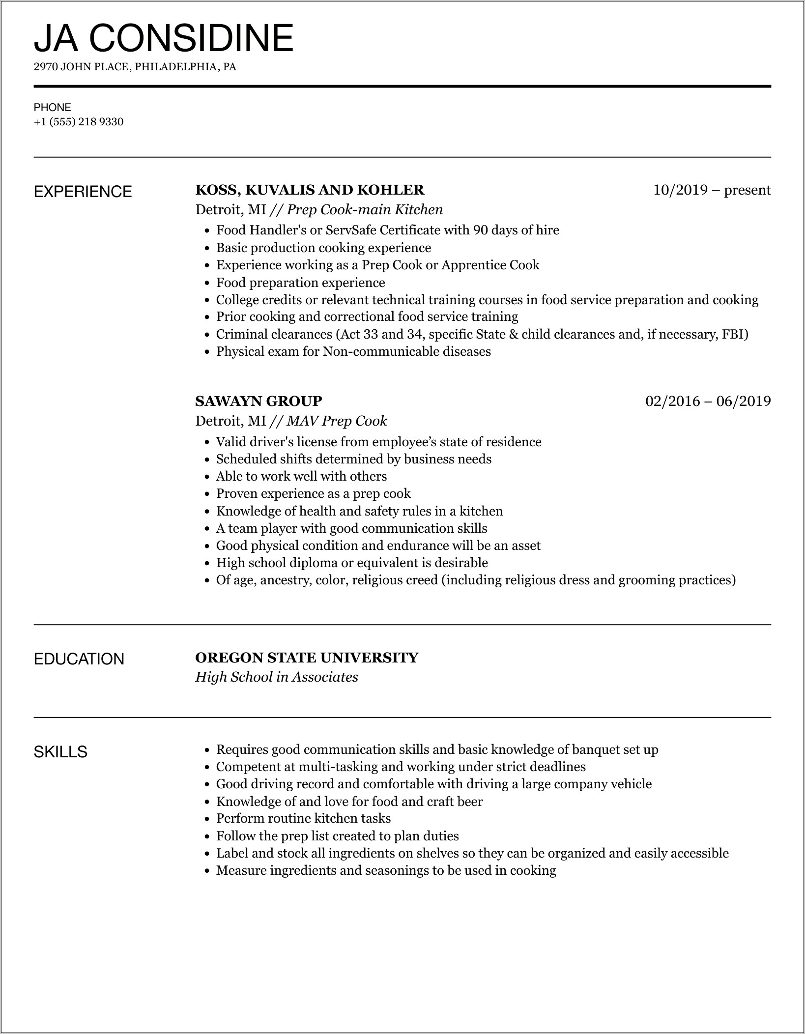 Child Care Cook Resume Sample