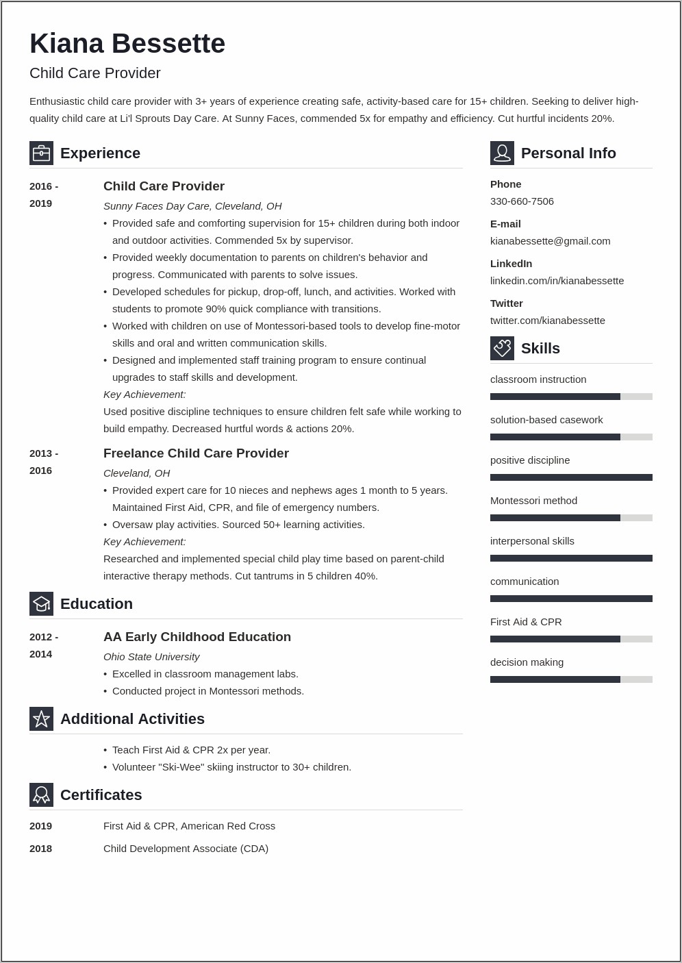 Child Care Job Resume Samples