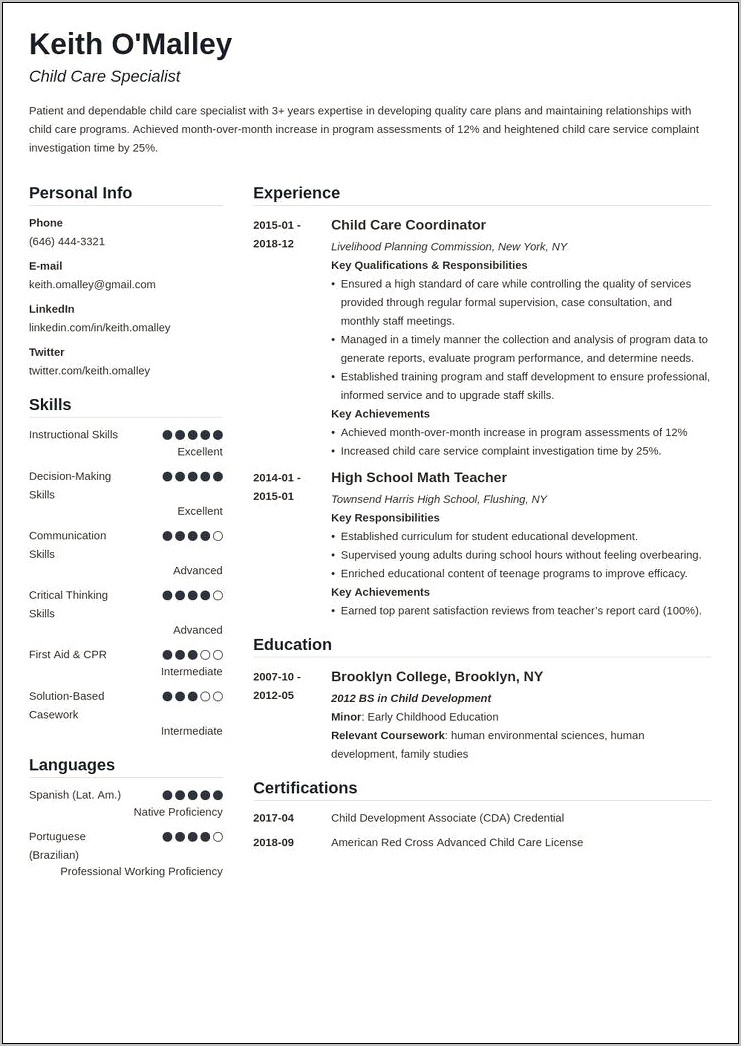 Child Care Resume Job Description