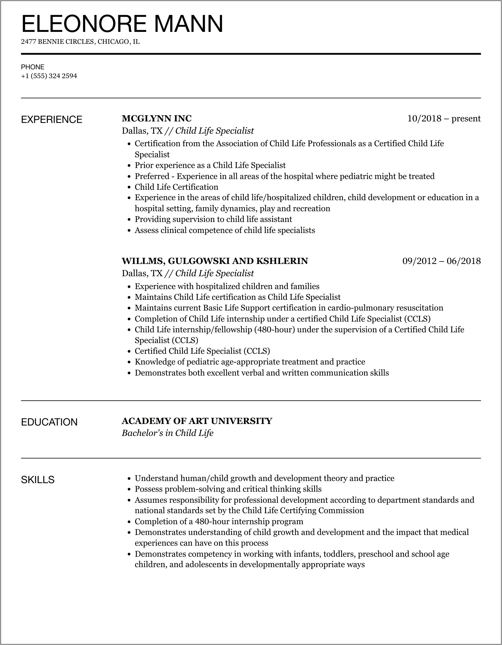 Child Care Specialist Resume Samples