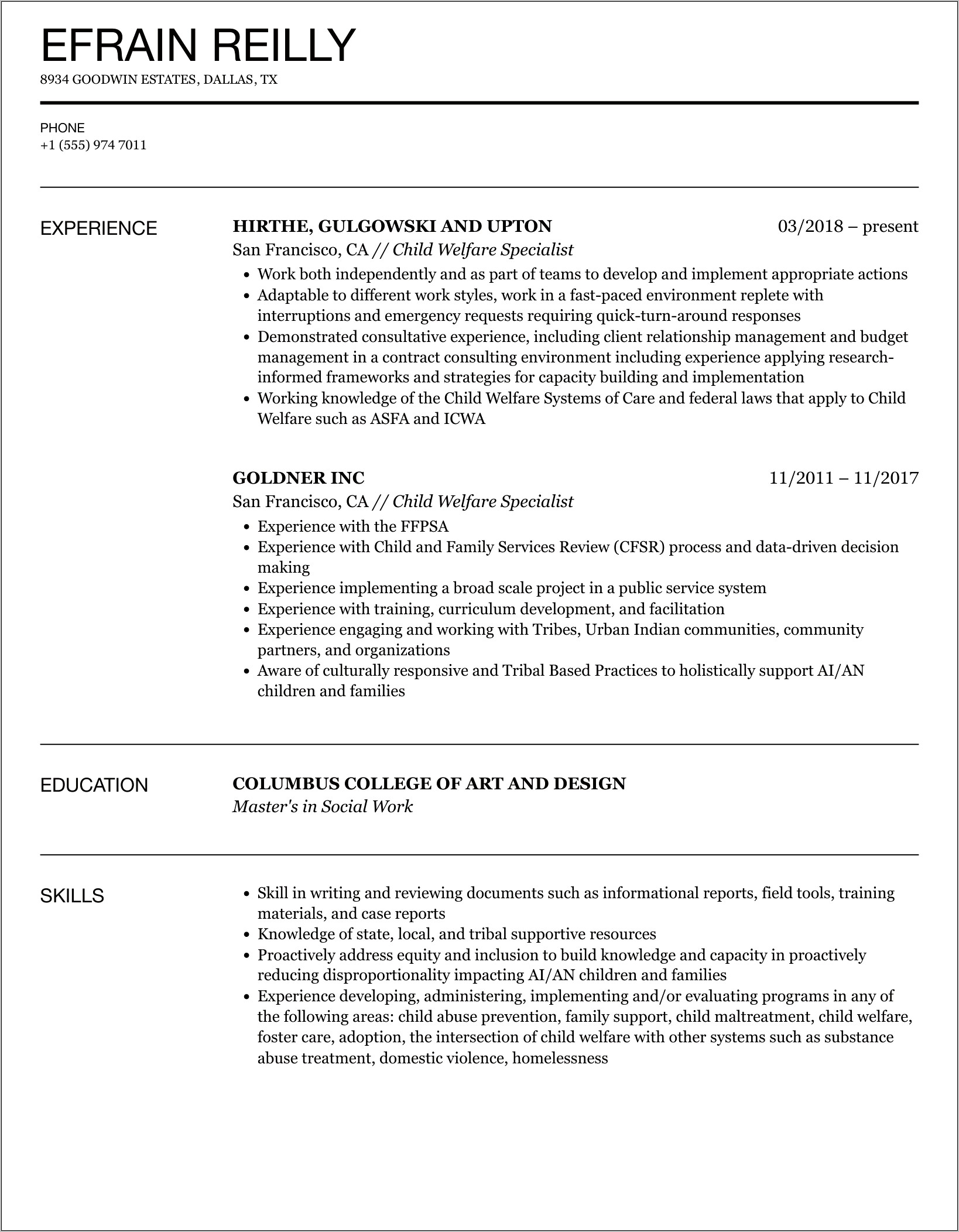 Child Protection Specialist Resume Sample