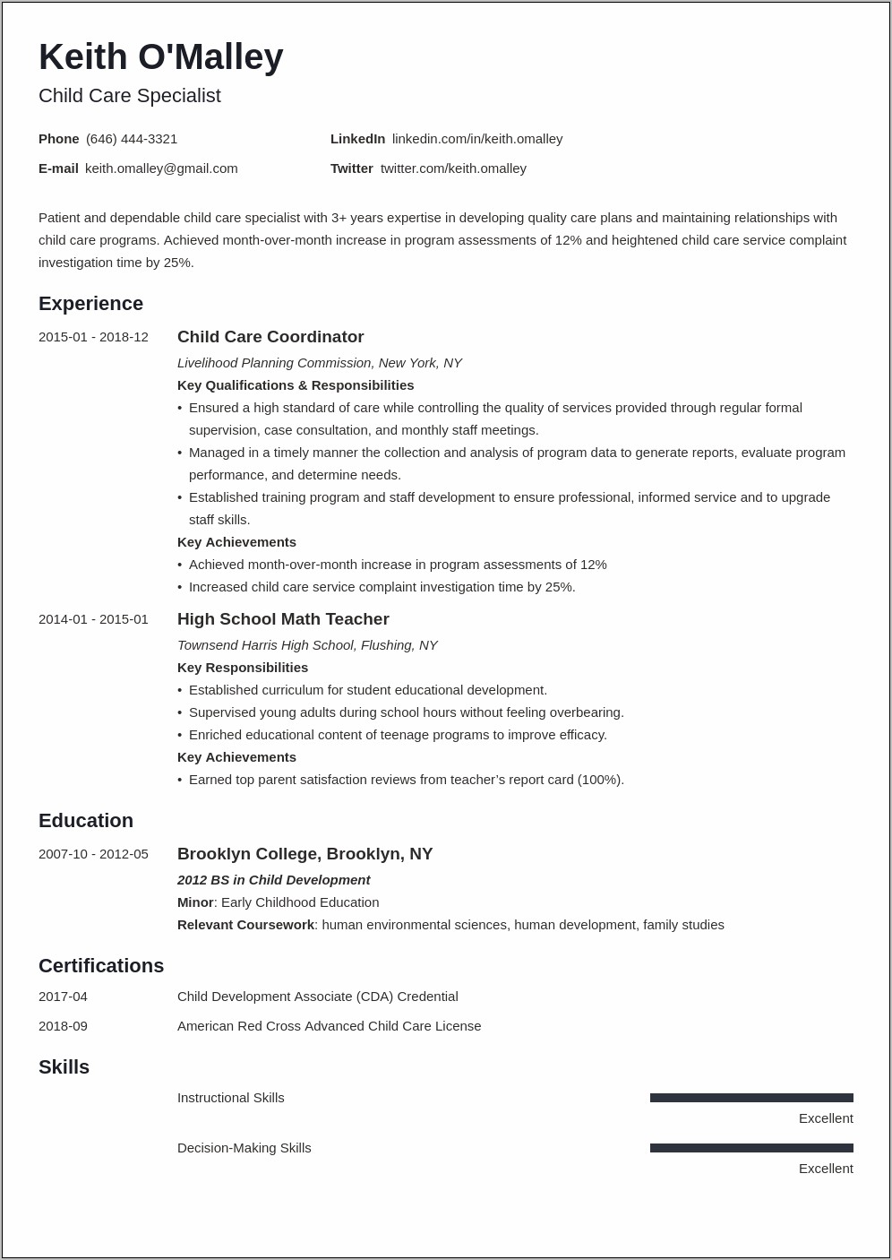 Childcare Room Leader Resume Sample