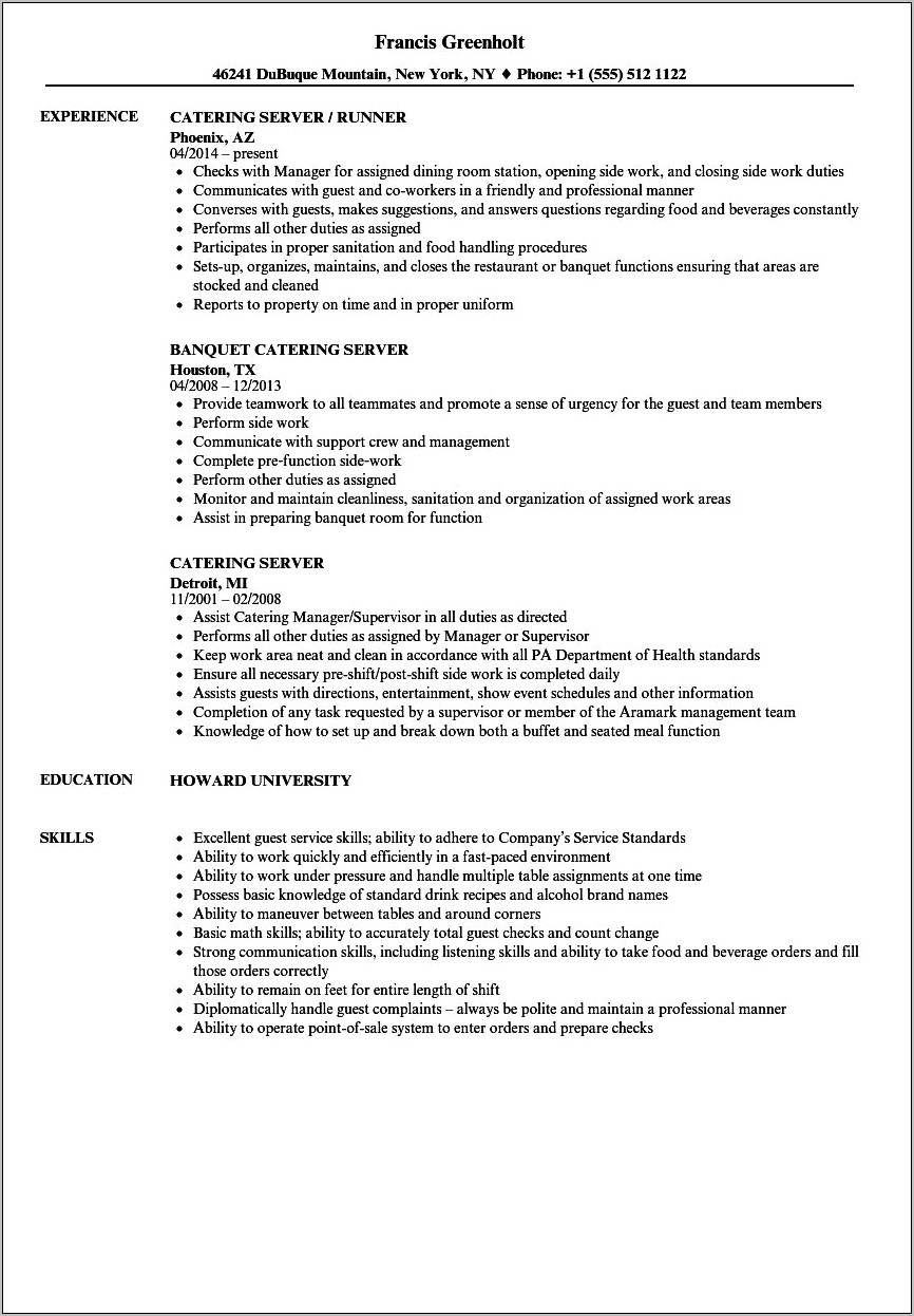 Chronological Catering Server Resume Sample