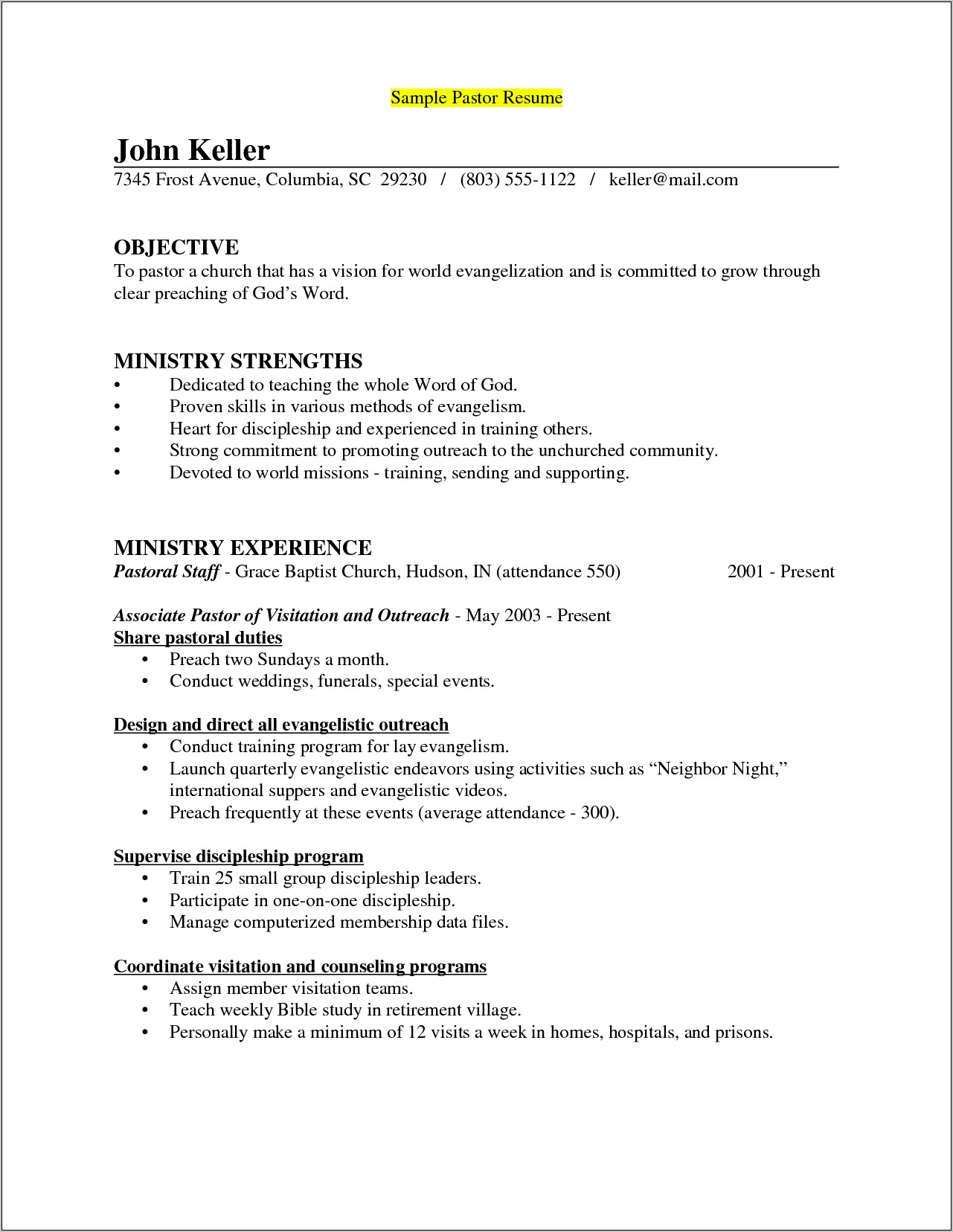 Church Wedding Coordinator Resume Example