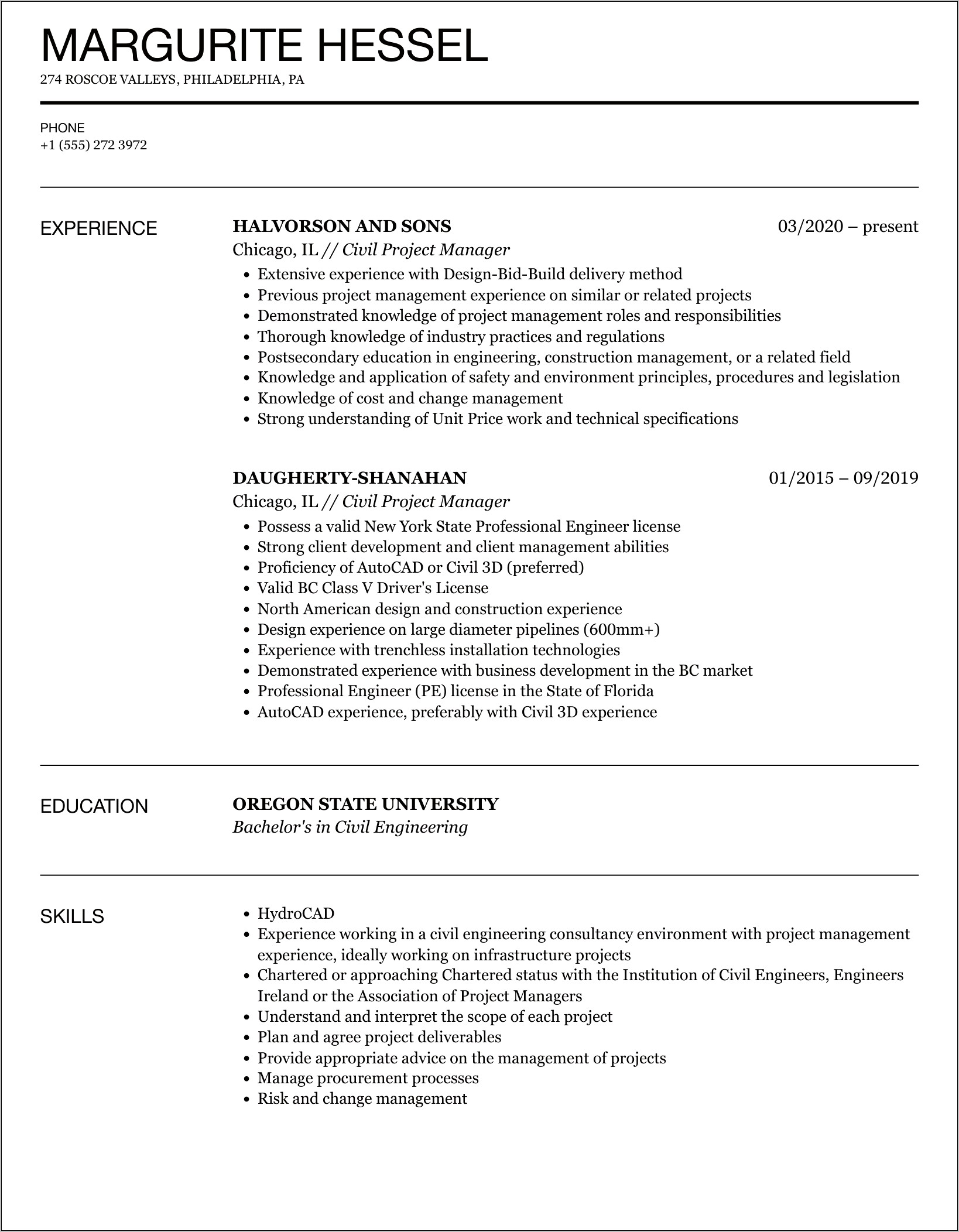 Civil Construction Project Manager Resume