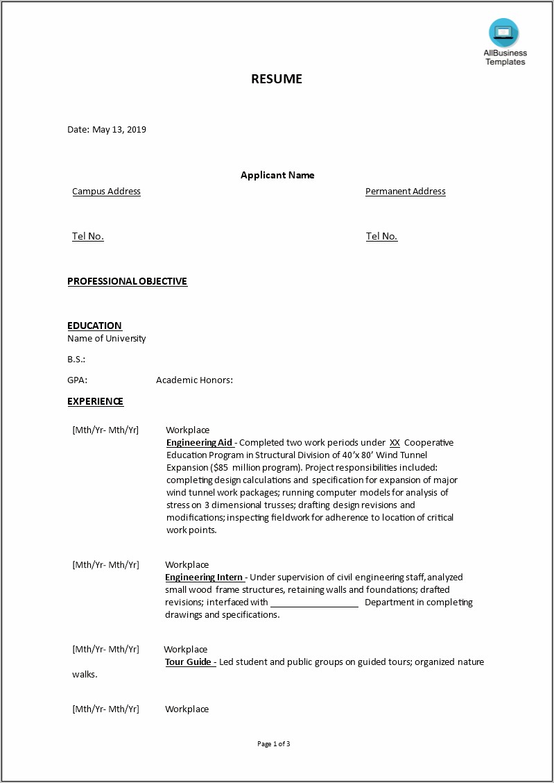 Civil Engineer Experience Resume Example