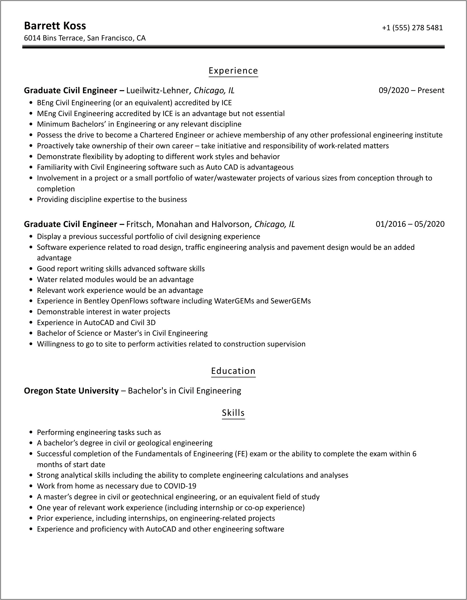 Civil Engineer Fresher Resume Examples