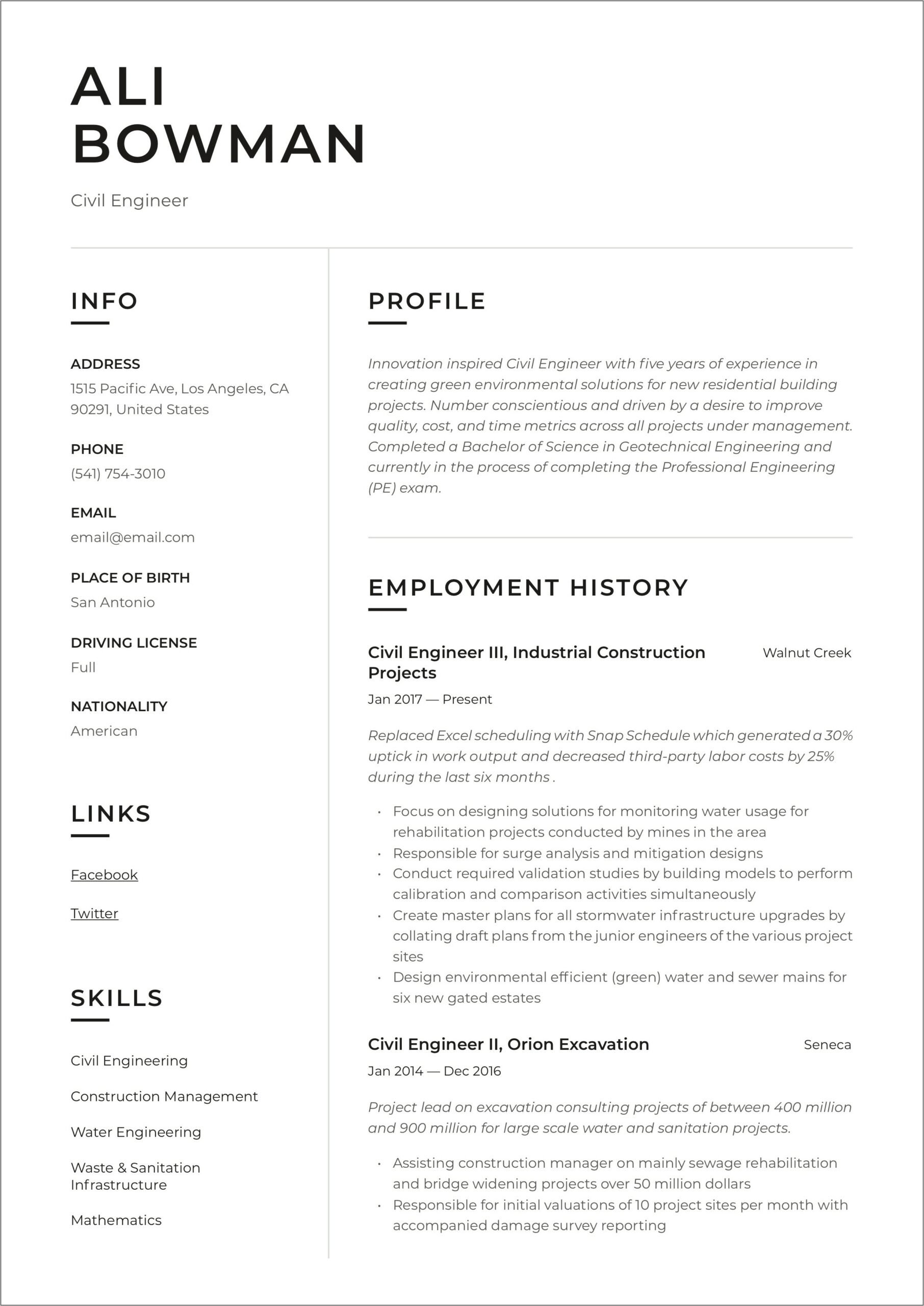 Civil Engineering Professional Resume Samples