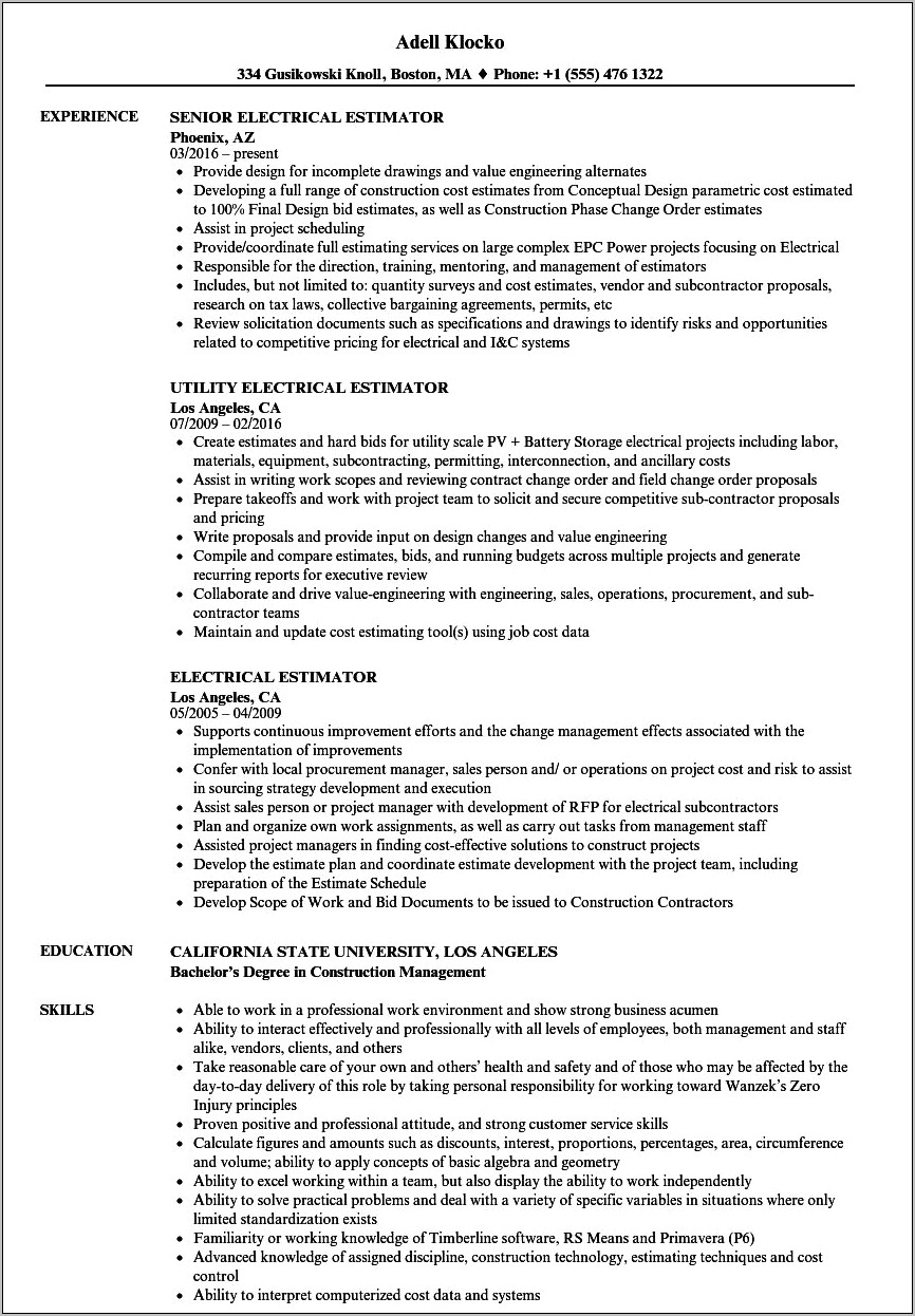 Civil Estimation Engineer Sample Resume