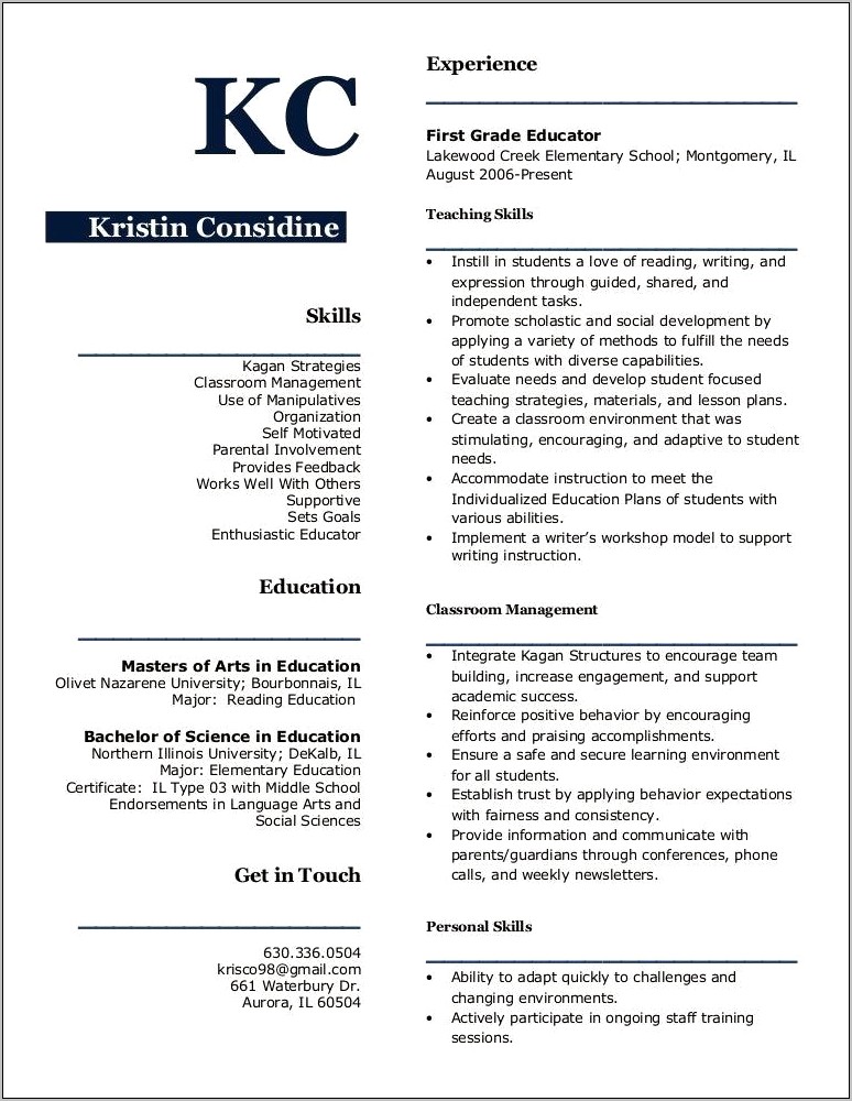 Classroom Management On A Resume