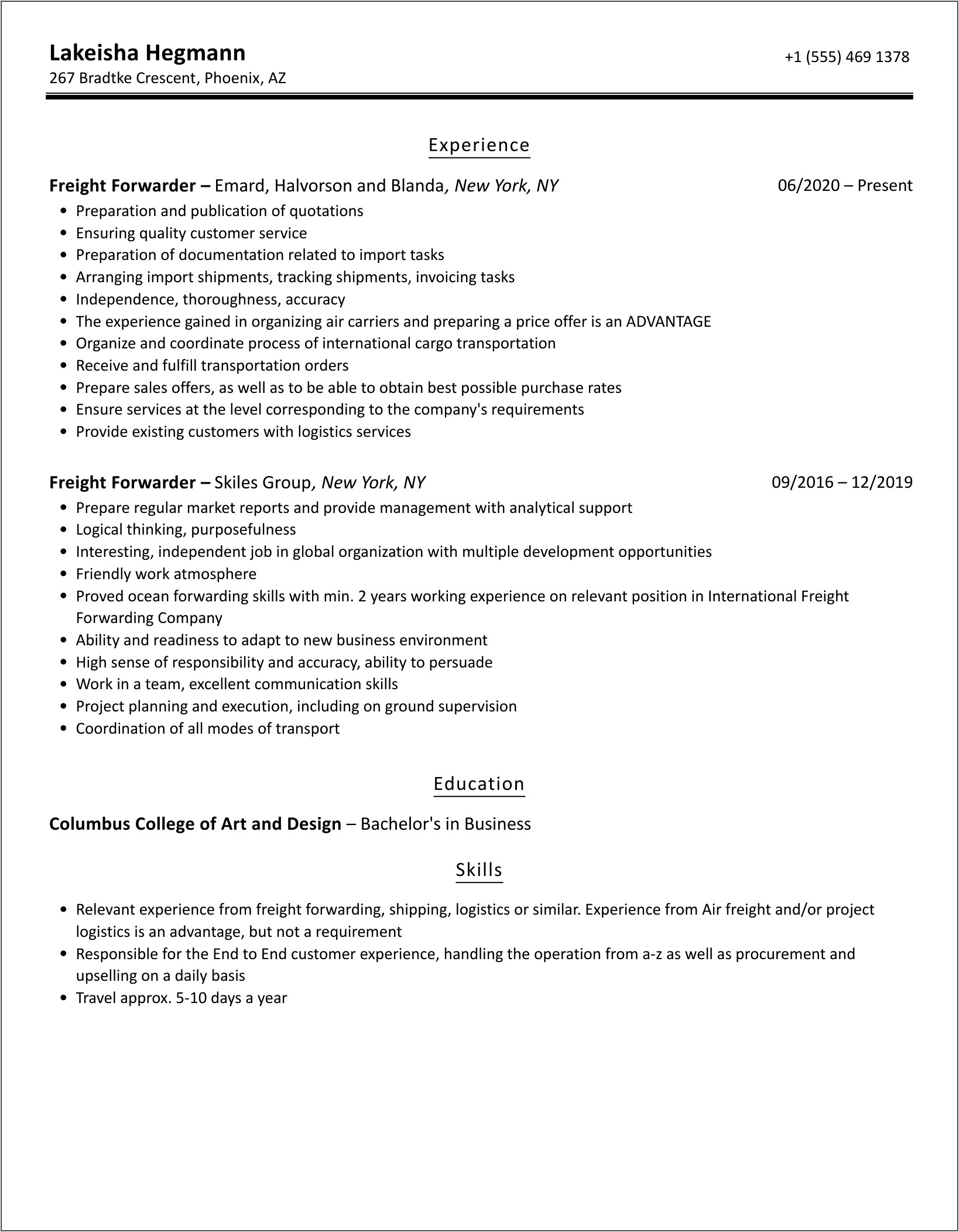 Clearing And Forwarding Resume Sample
