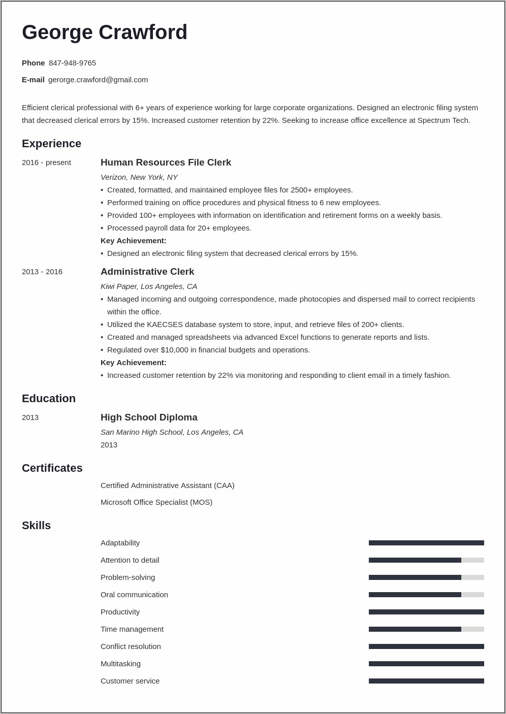 Clerical Skills For Resume Examples