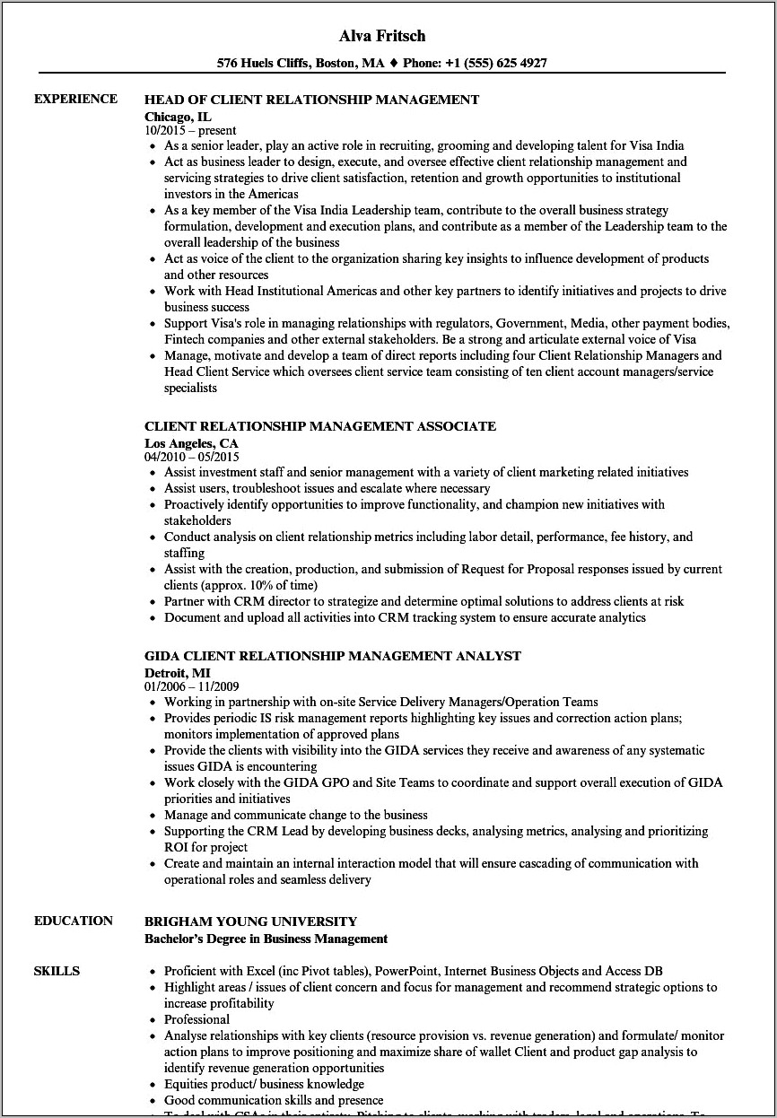 Client Relationship Manager Resume Objective