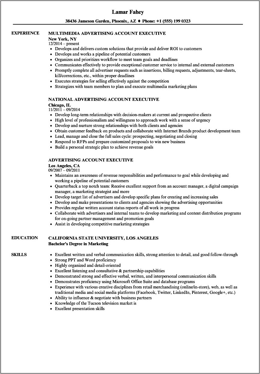 Client Service Executive Resume Sample