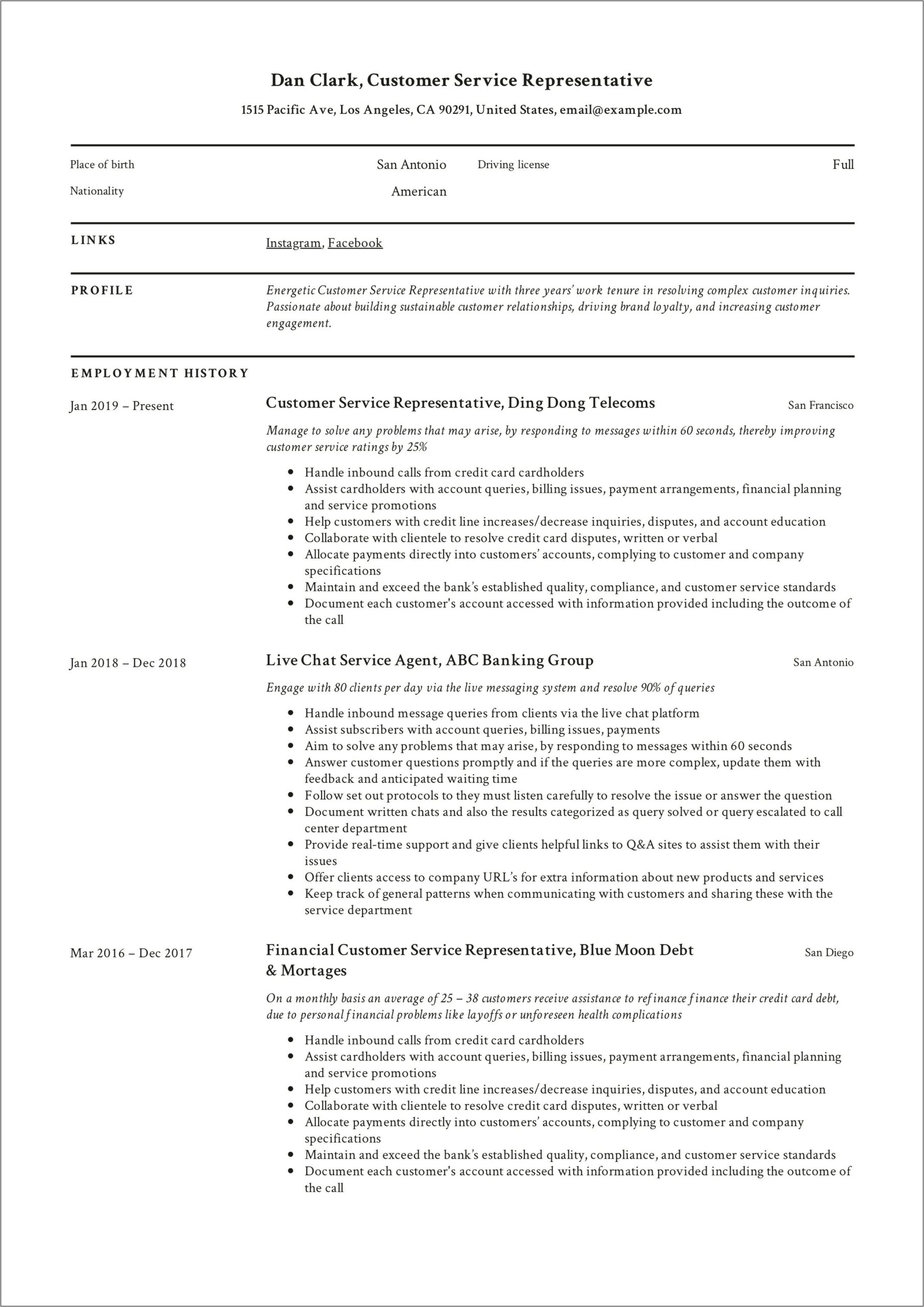 Client Service Officer Resume Sample