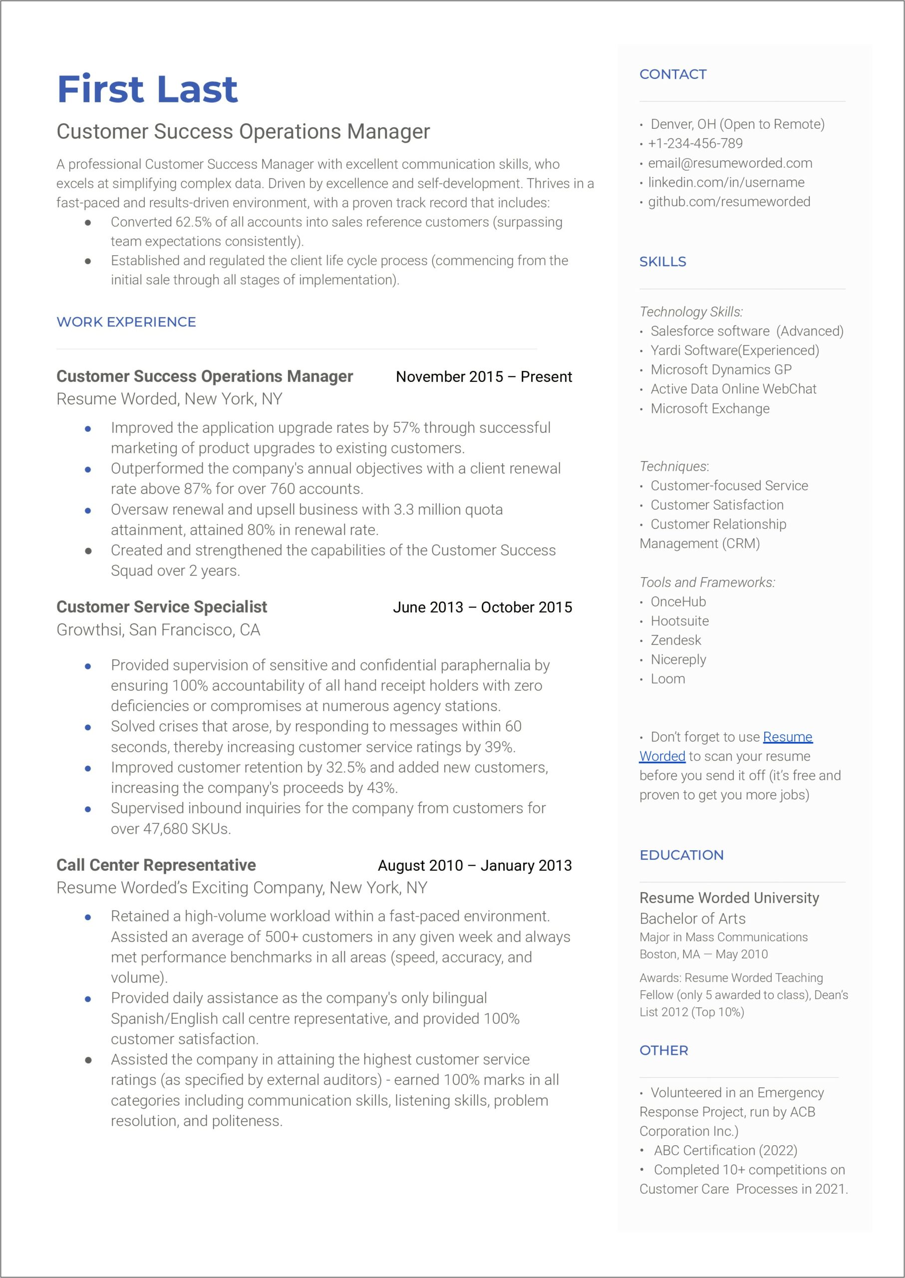 Client Success Manager Resume Template