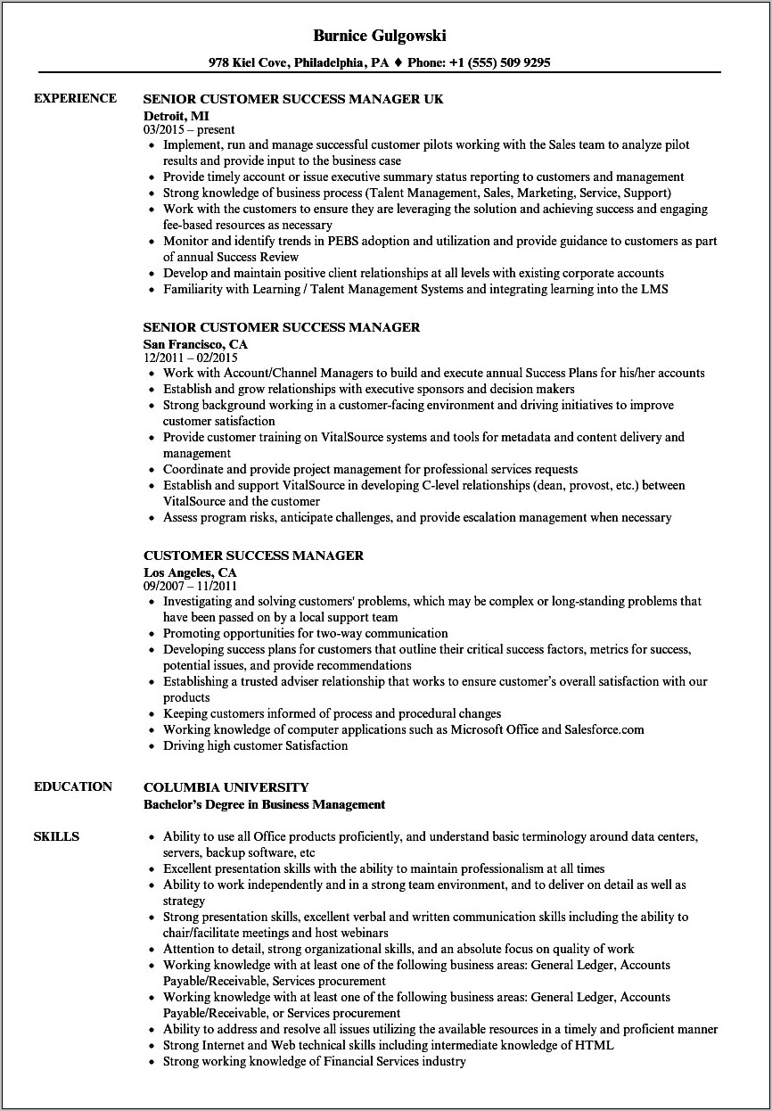 Client Success Manager Sample Resume