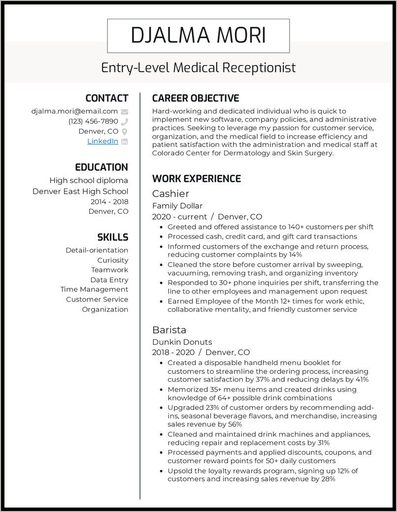 Clinic Receptionist Job Duties Resume