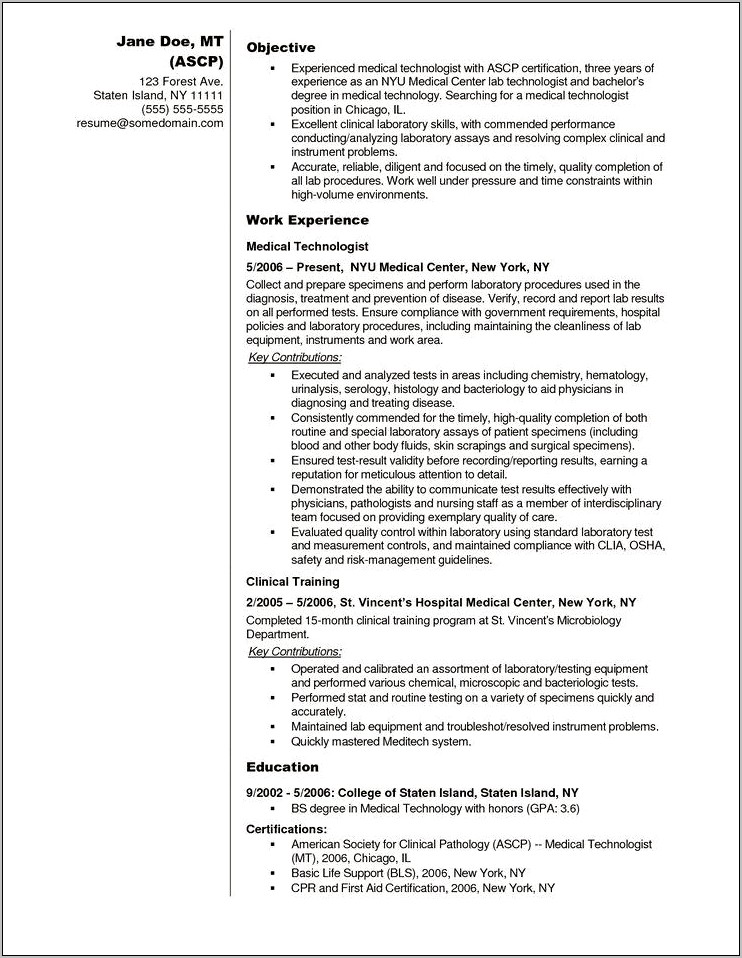 Clinical Laboratory Scientist Resume Objective