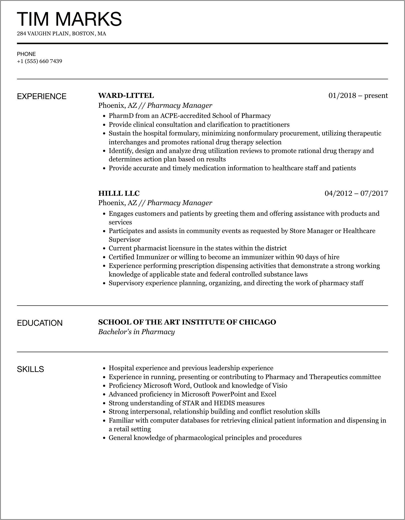 Clinical Pharmacy Manager Resume Sample