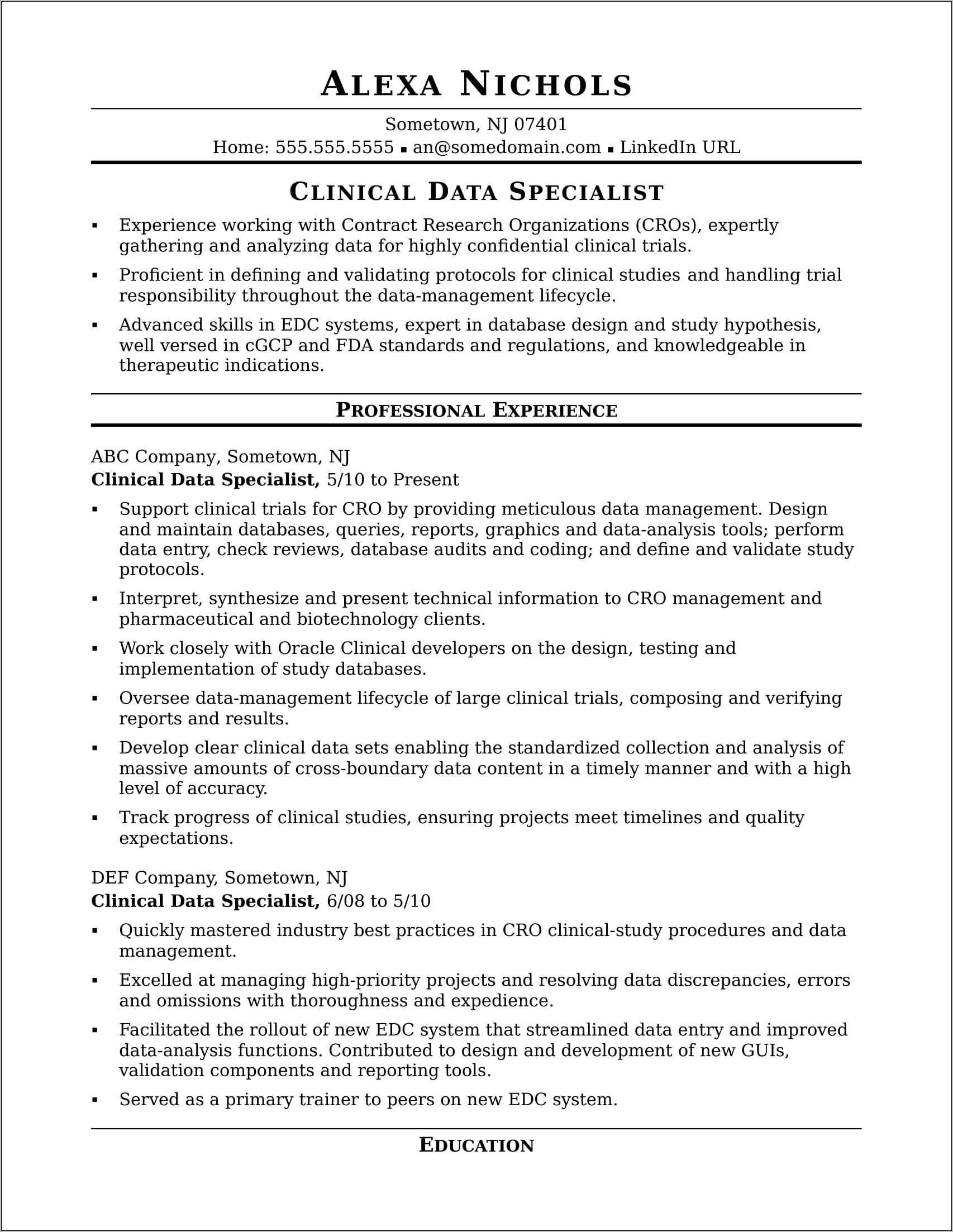 Clinical Study Coordinator Resume Sample