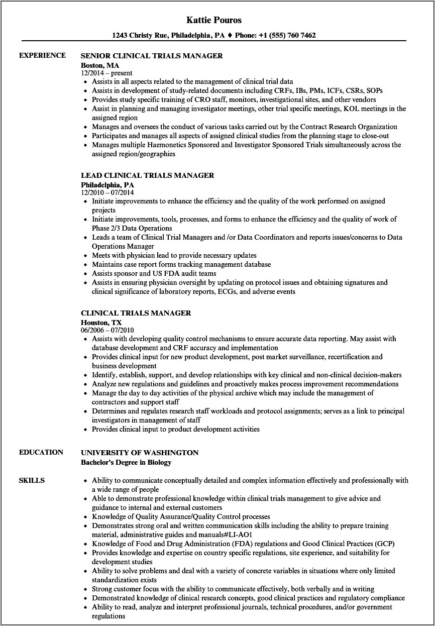 Clinical Trial Project Manager Resume