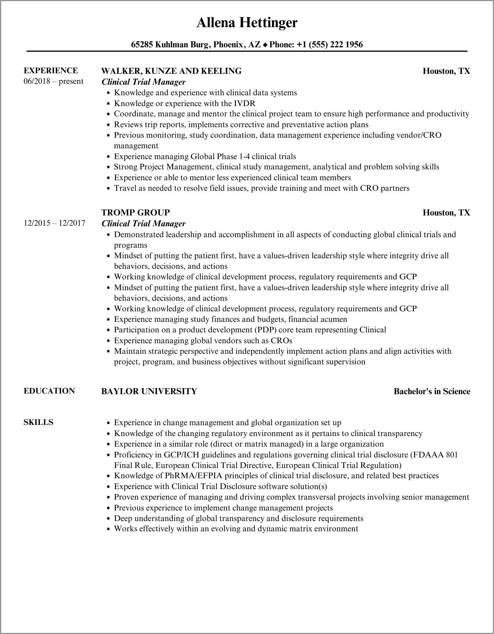 Clinical Trials Research Manager Resume