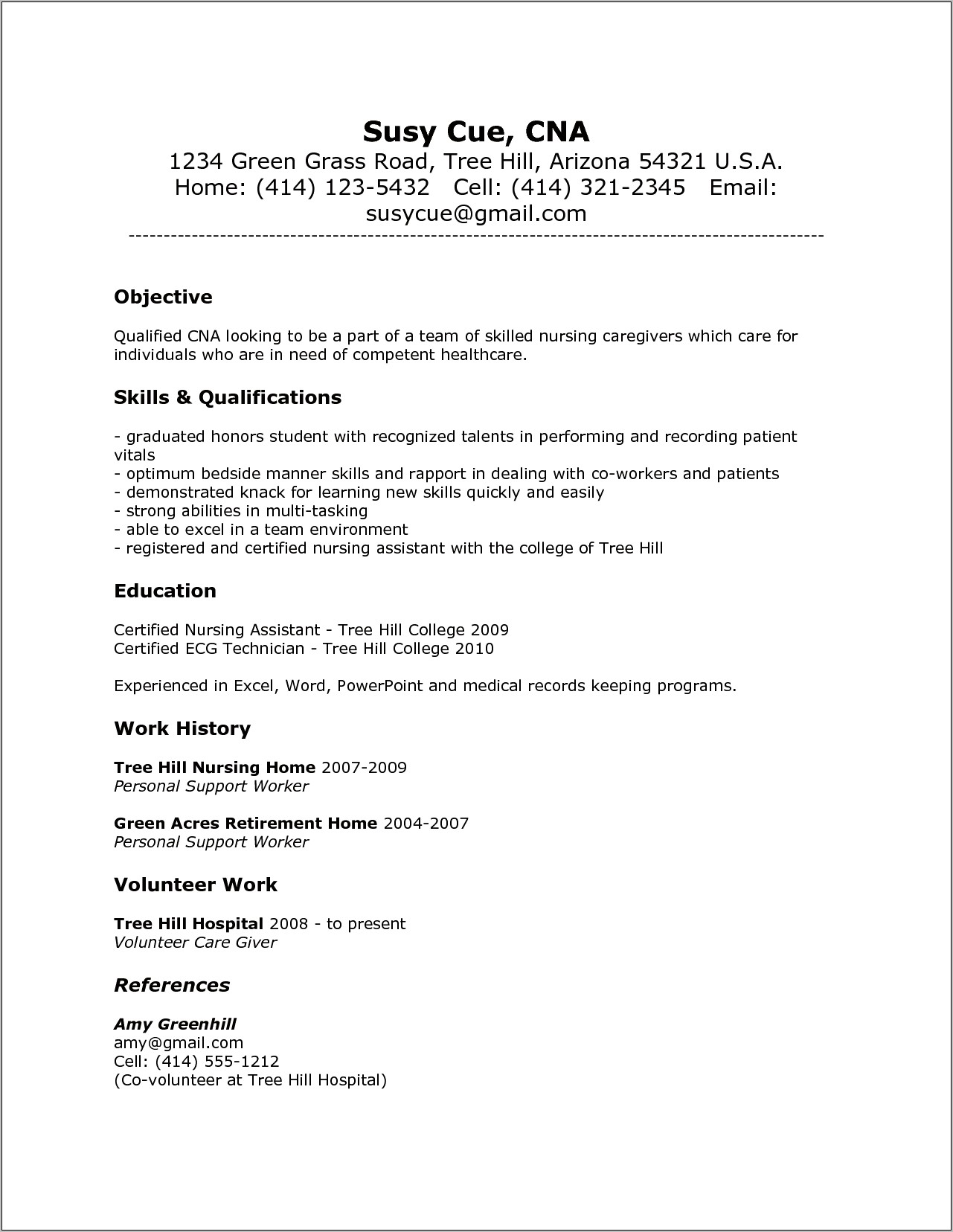 Cna Hospital Experience Resume Sample