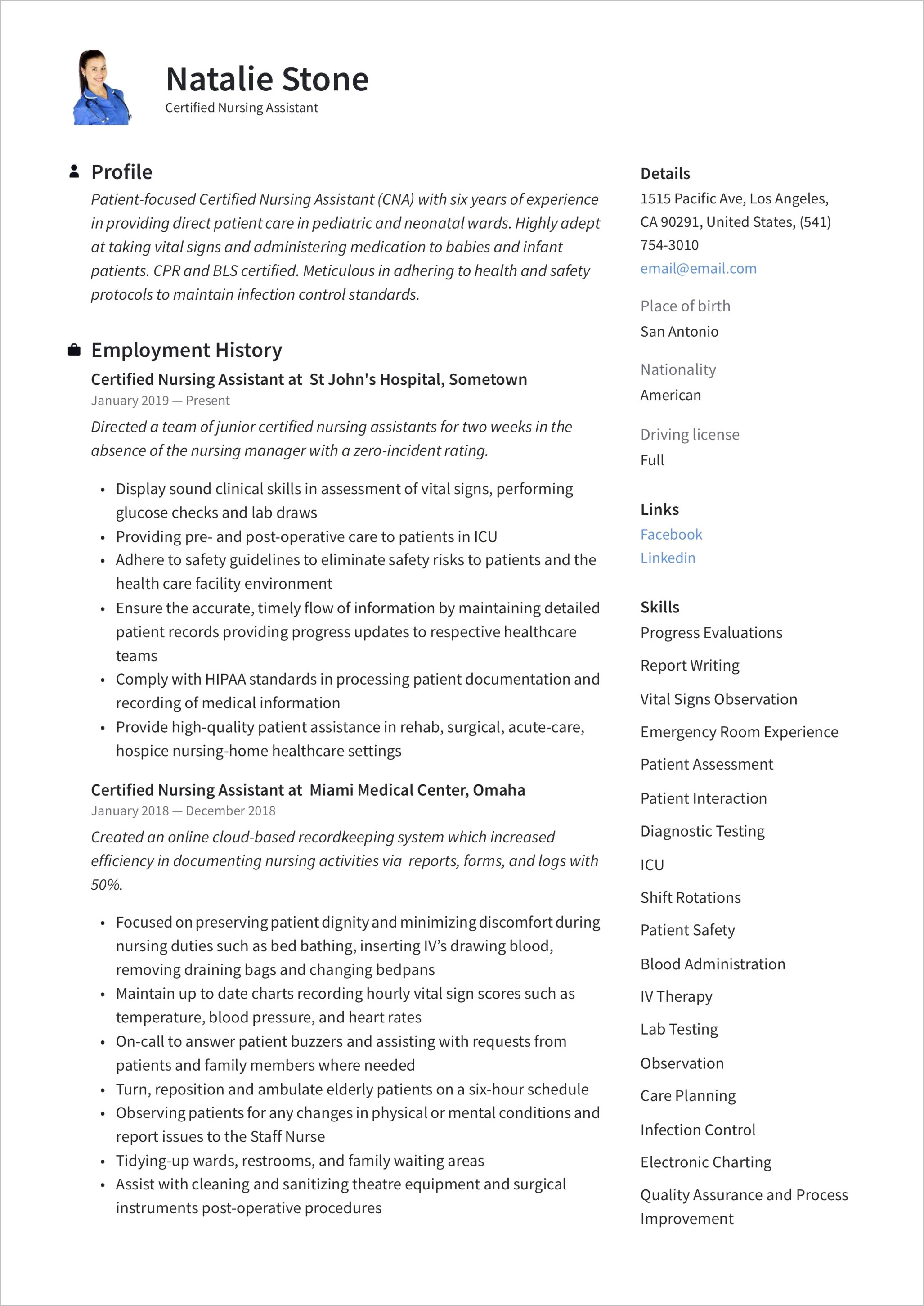 Cna Objectives Sample In Resume