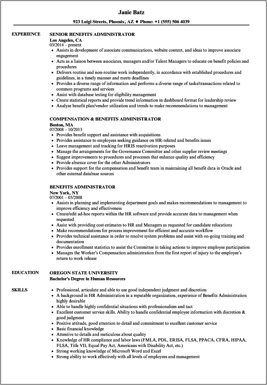 Cobra And Fsa Sample Resume