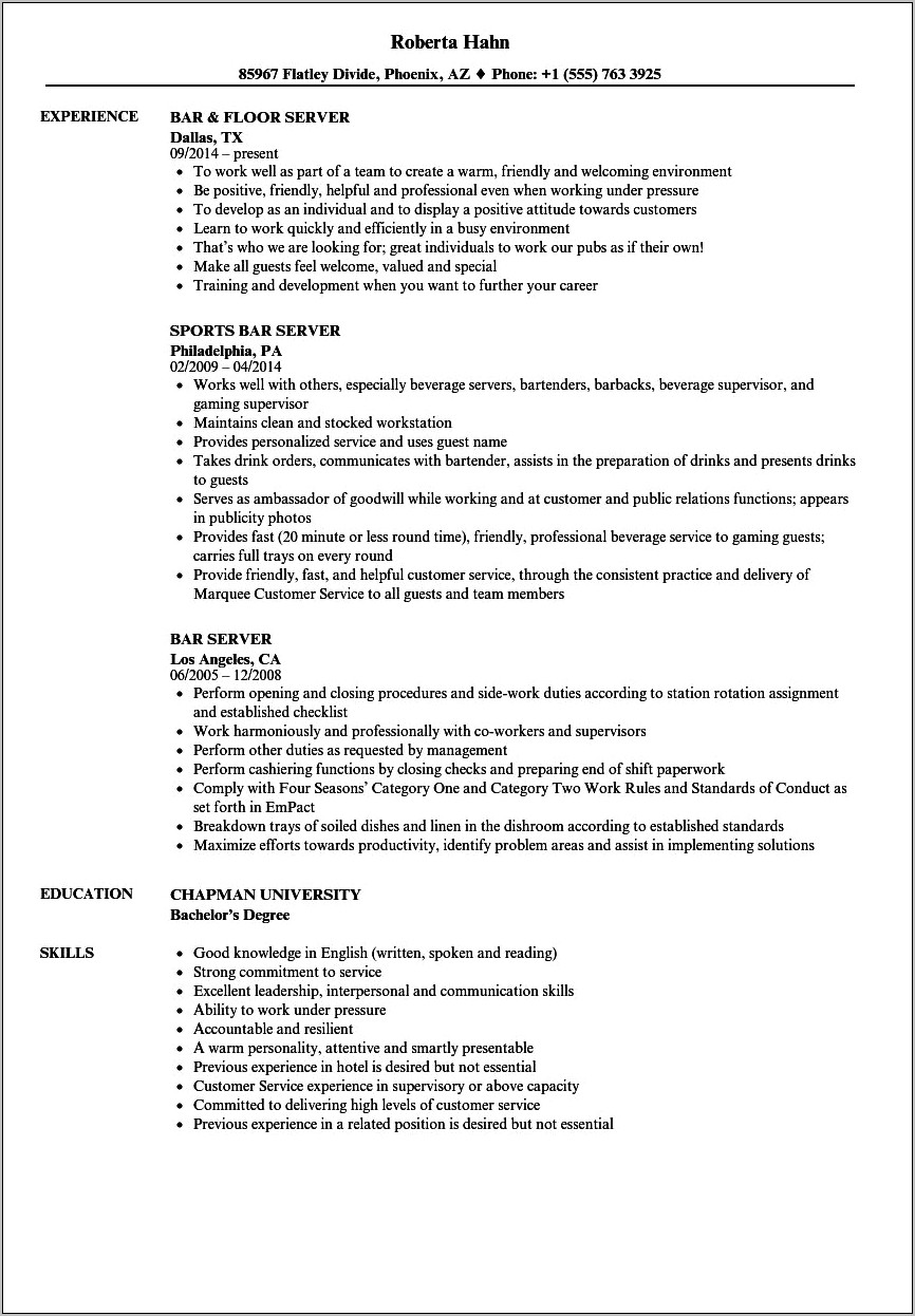 Cocktail Waitress Resume Experience Examples