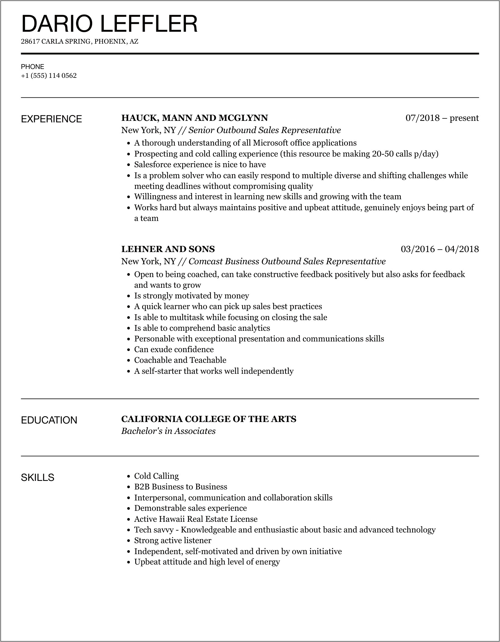 Cold Calling Work Resume Examples