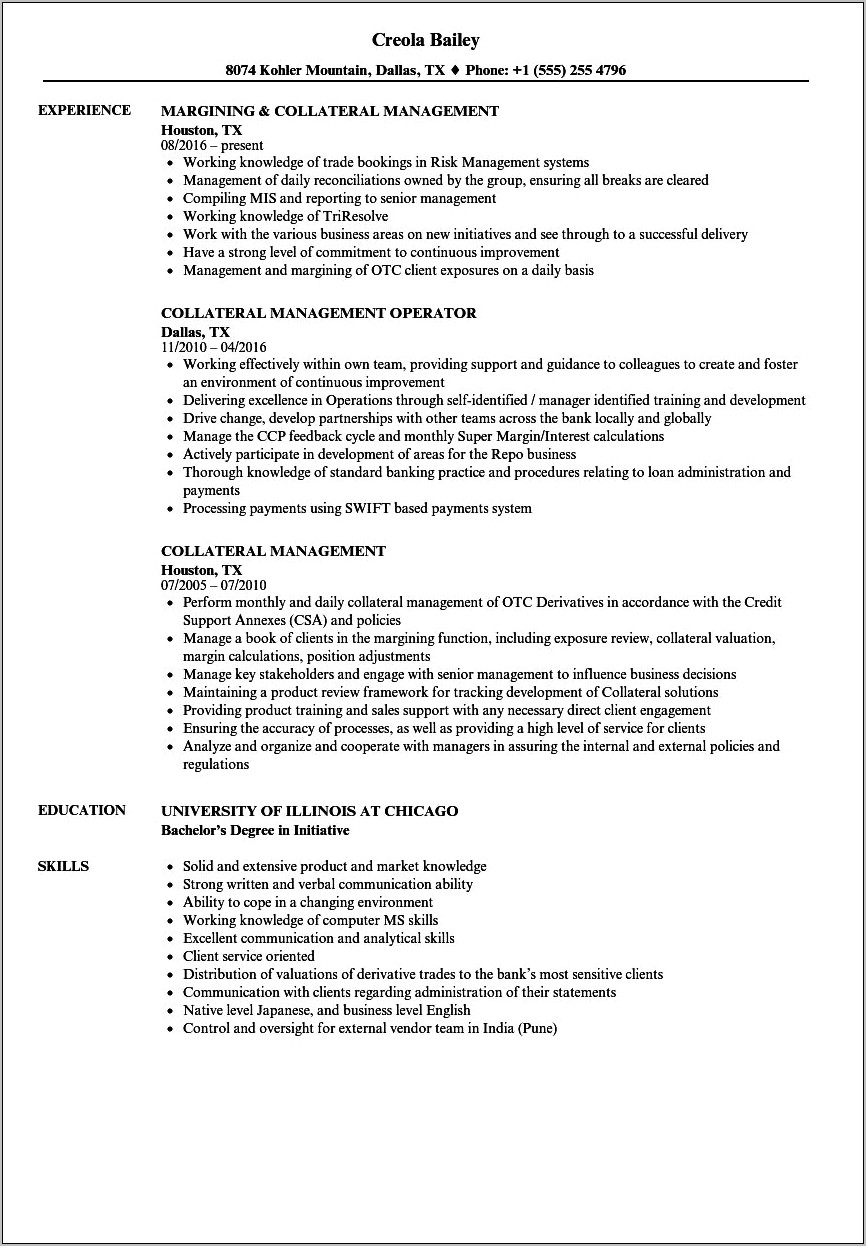 Collateral Management Business Analyst Resume