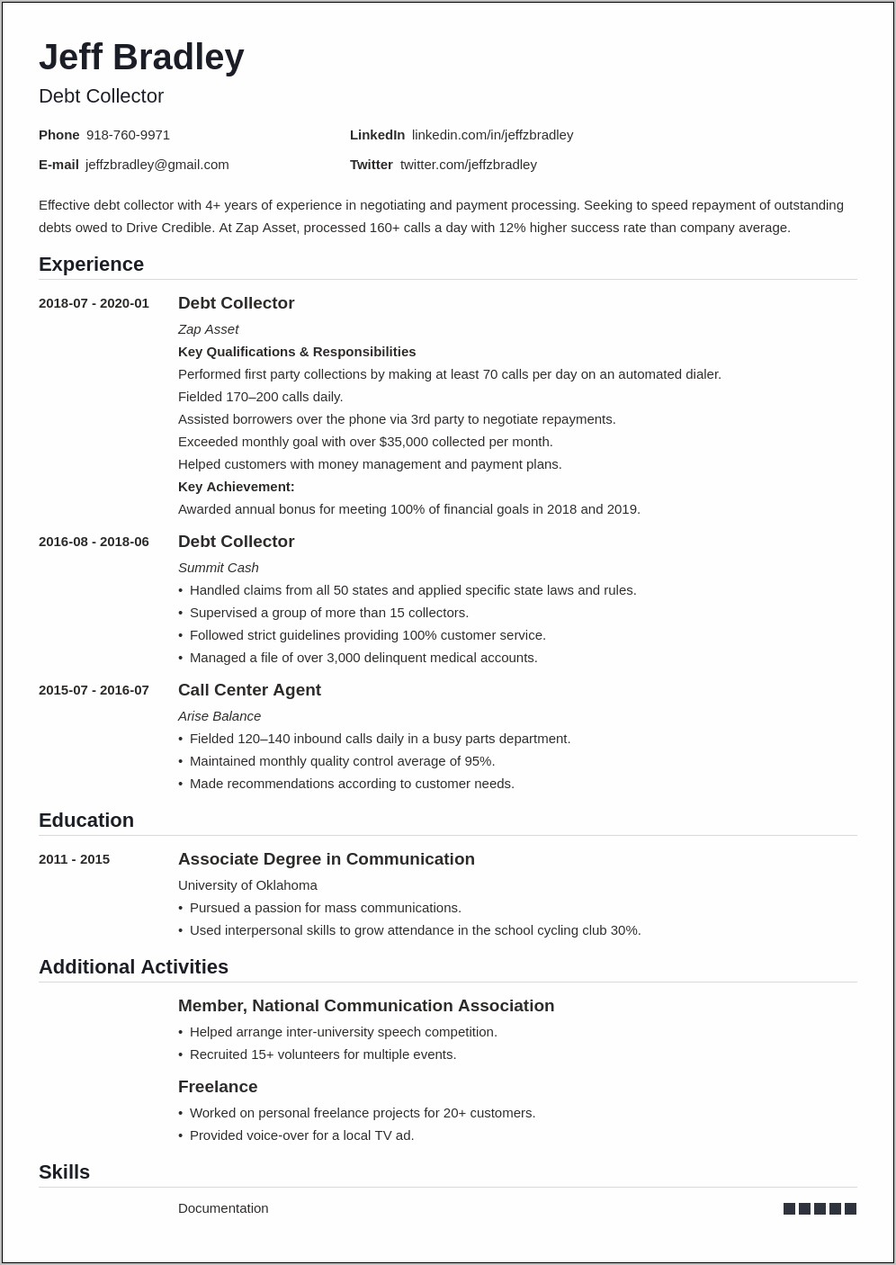Collection Specialist Objective On Resume