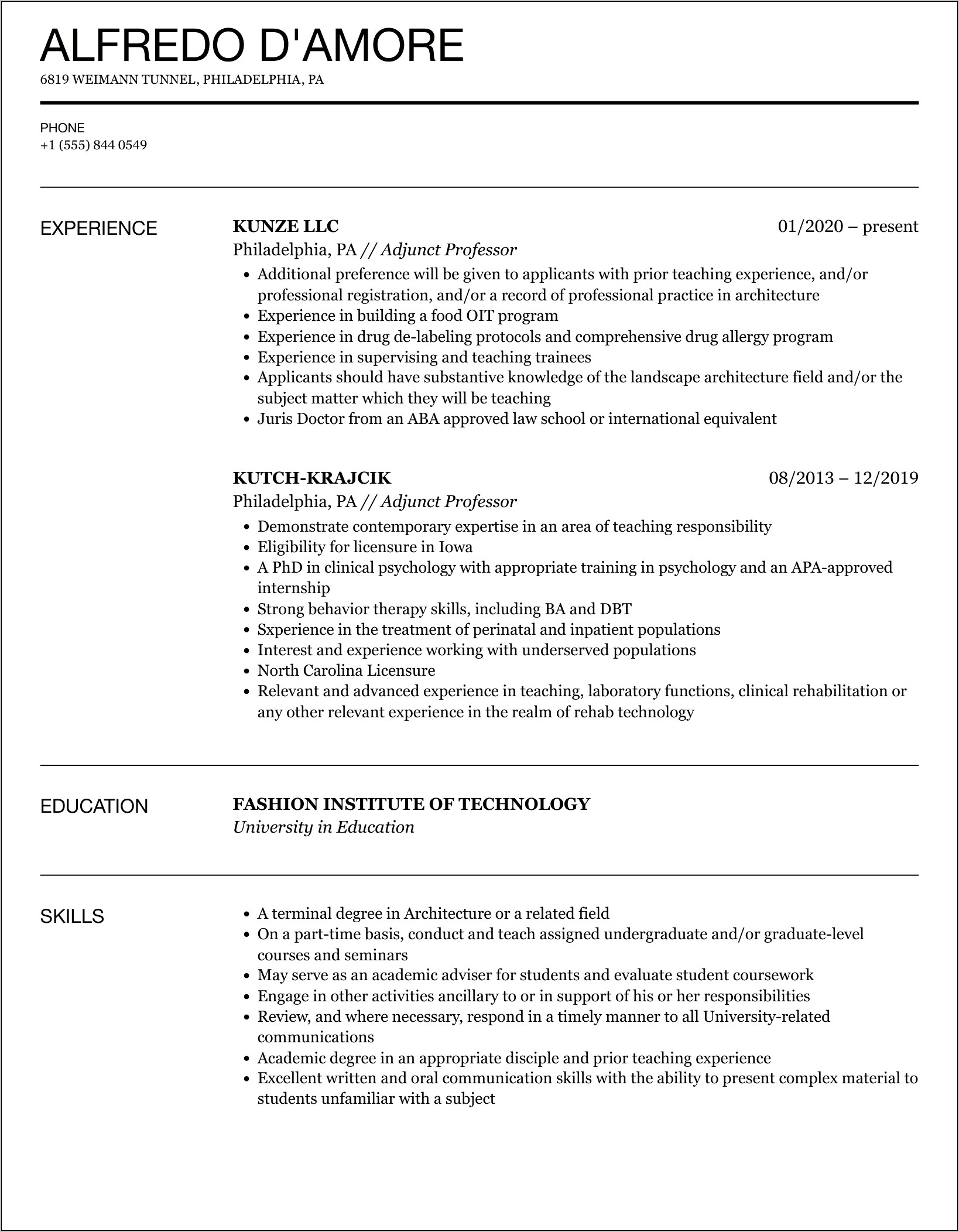 College Adjunct Professor Resume Example