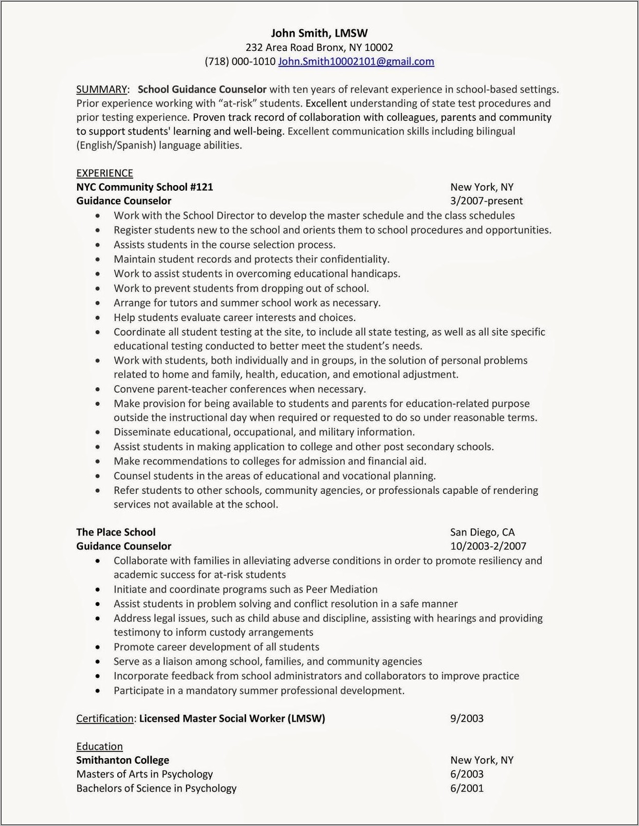 College Career Counsel Job Resume