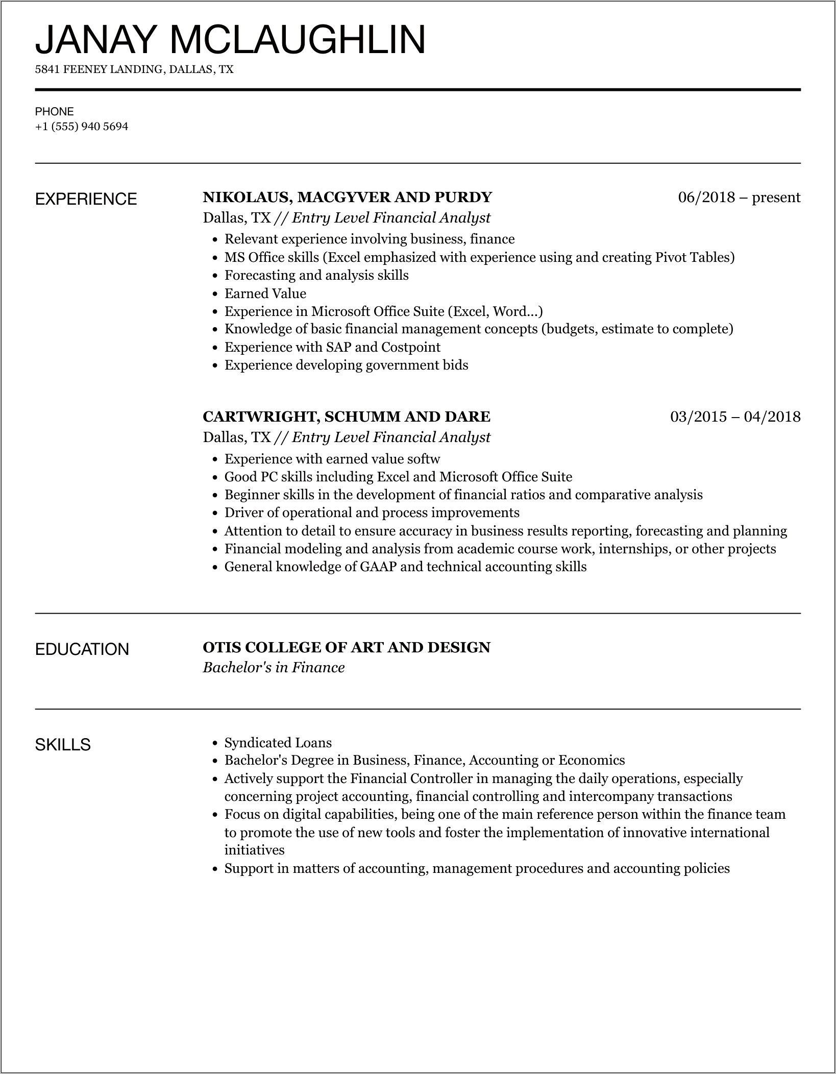 College Entry Level Resume Examples